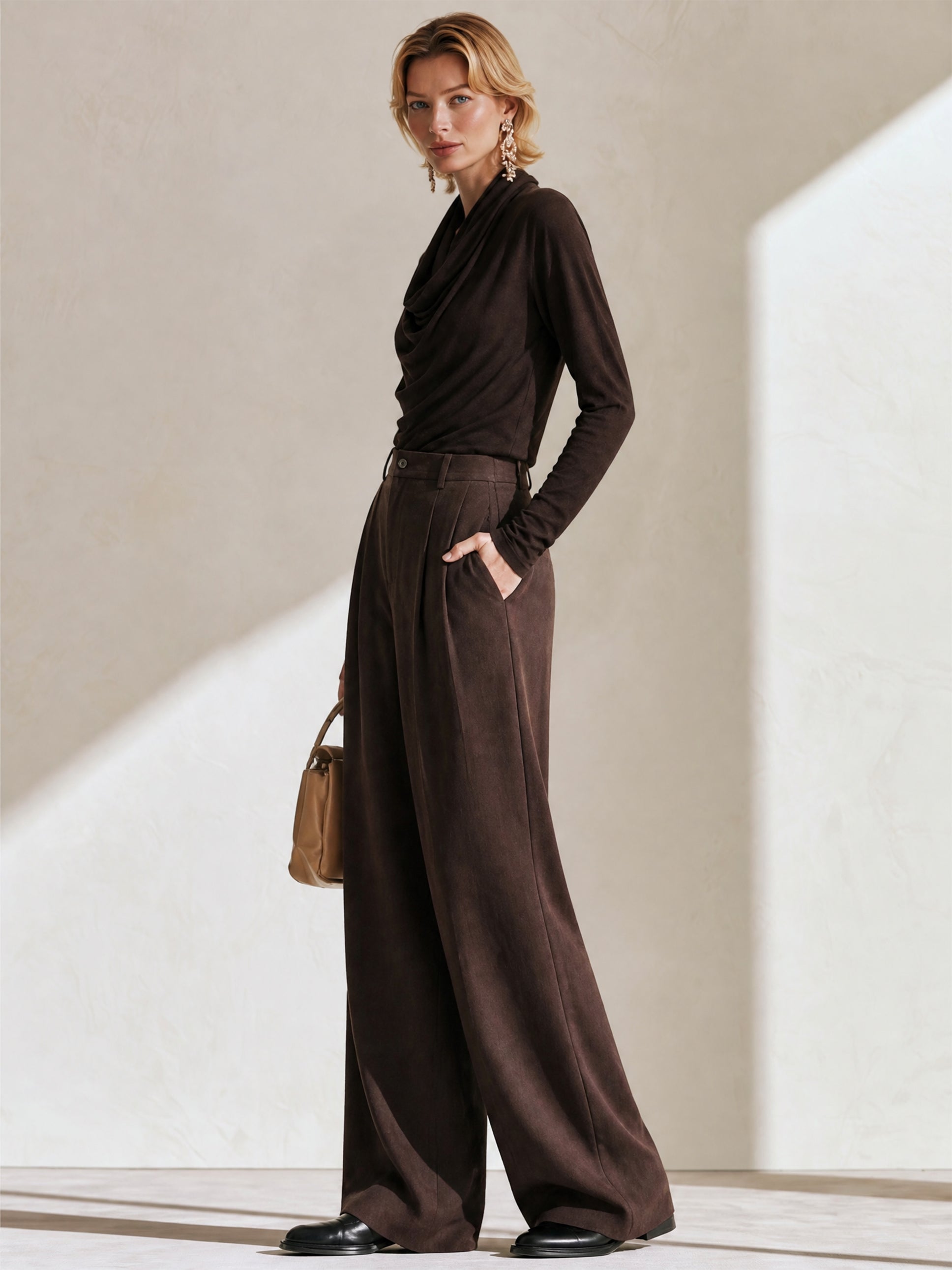 Cowl‑Neck Draped Knit Top & Wide‑Leg Trousers Set