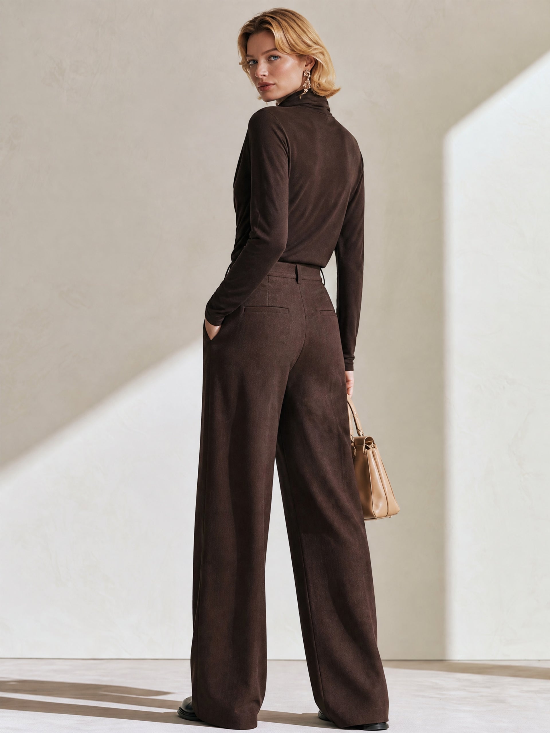 Cowl‑Neck Draped Knit Top & Wide‑Leg Trousers Set