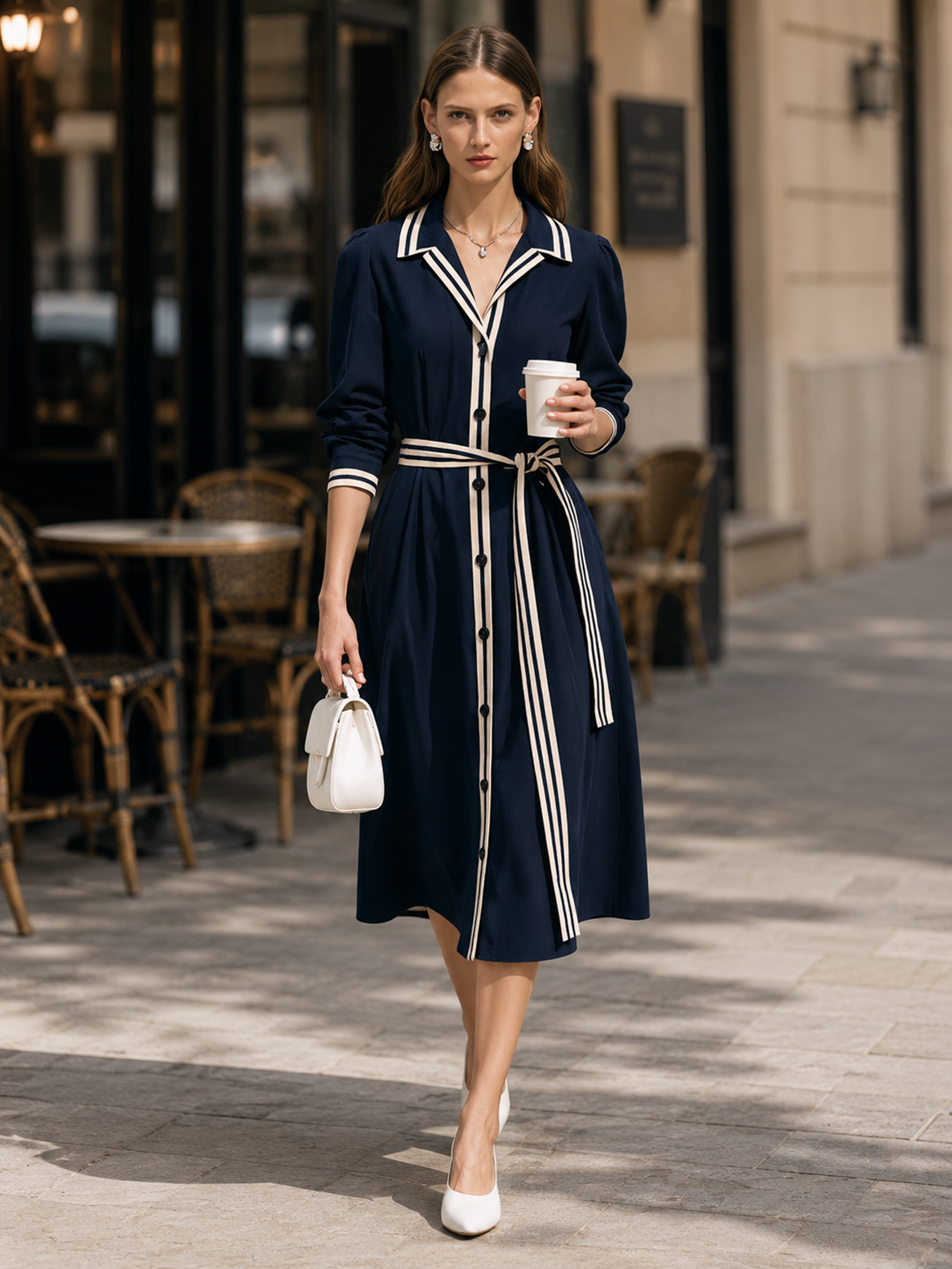 Elegant Navy Contrast-Trim Belted Midi Shirt Dress