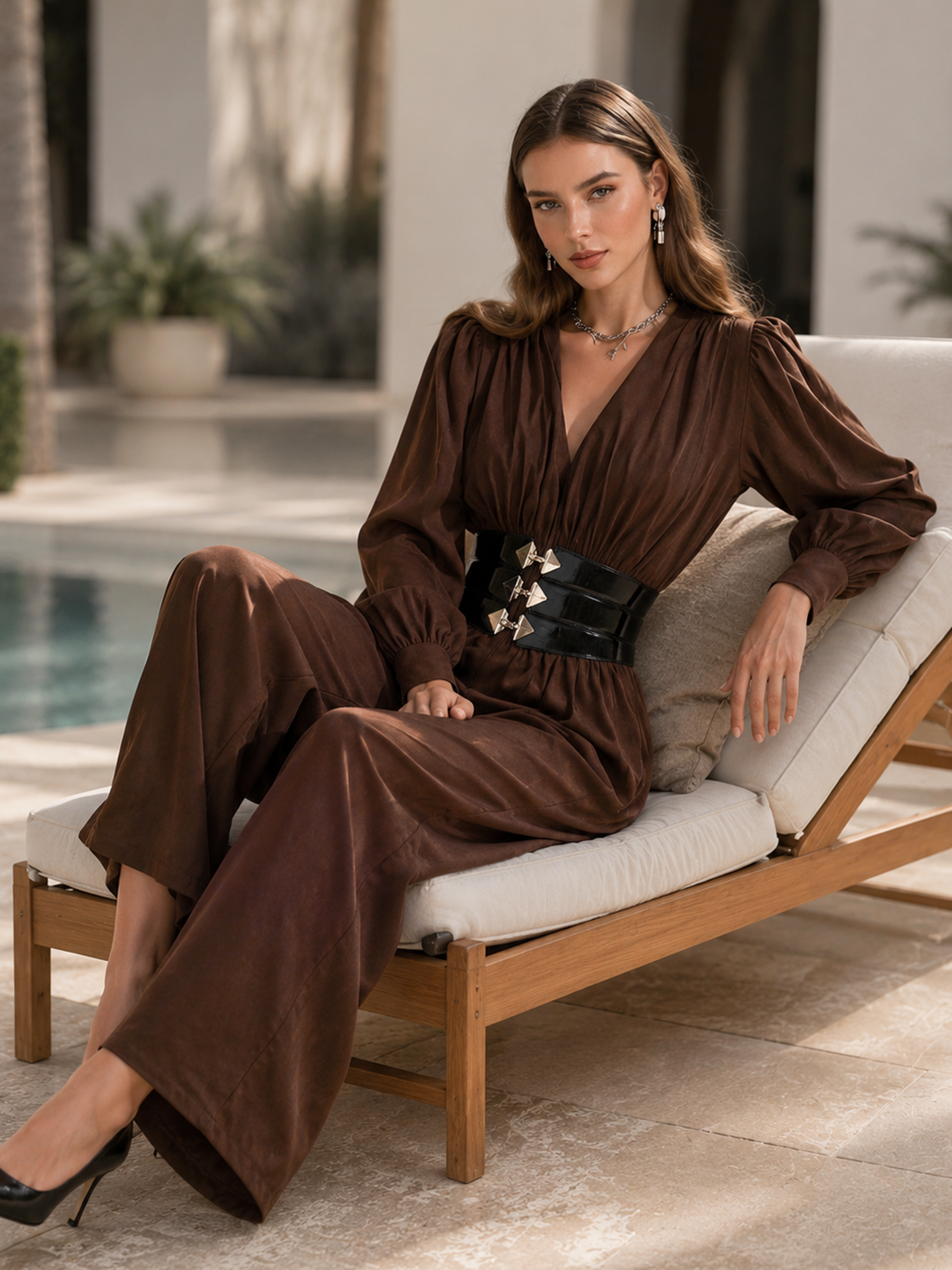 Elegant Chocolate Brown V-Neck Corset-Waist Jumpsuit