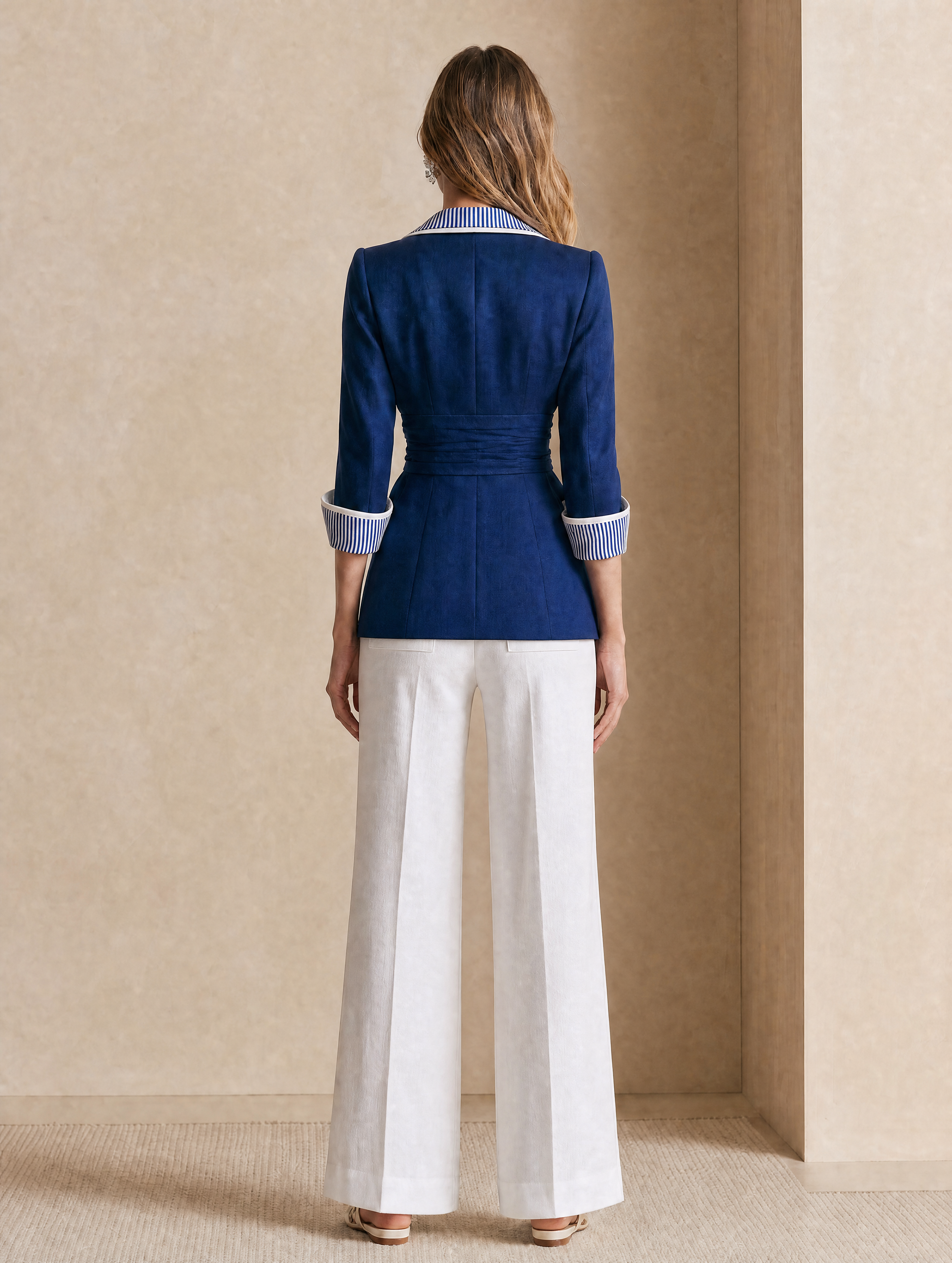 Elegant Blue And White Color-Block Blazer
