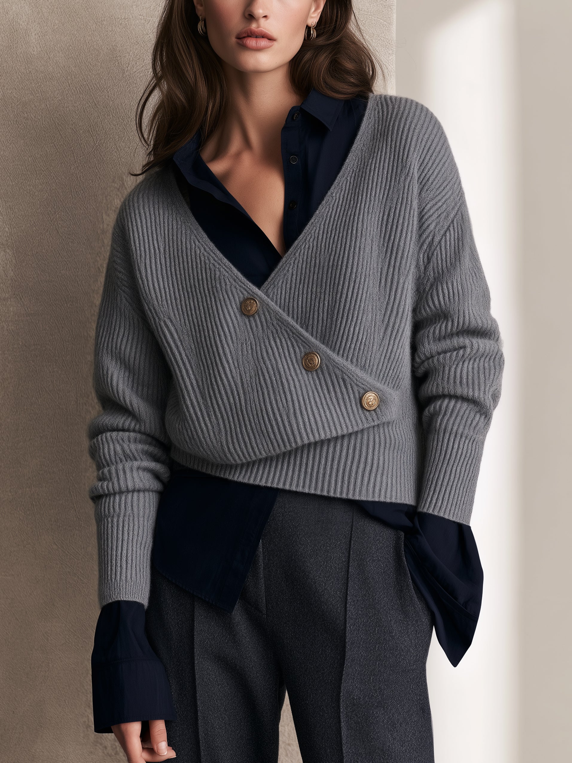 Cropped Rib‑Knit Wrap Cardigan & Tailored Shirt Set