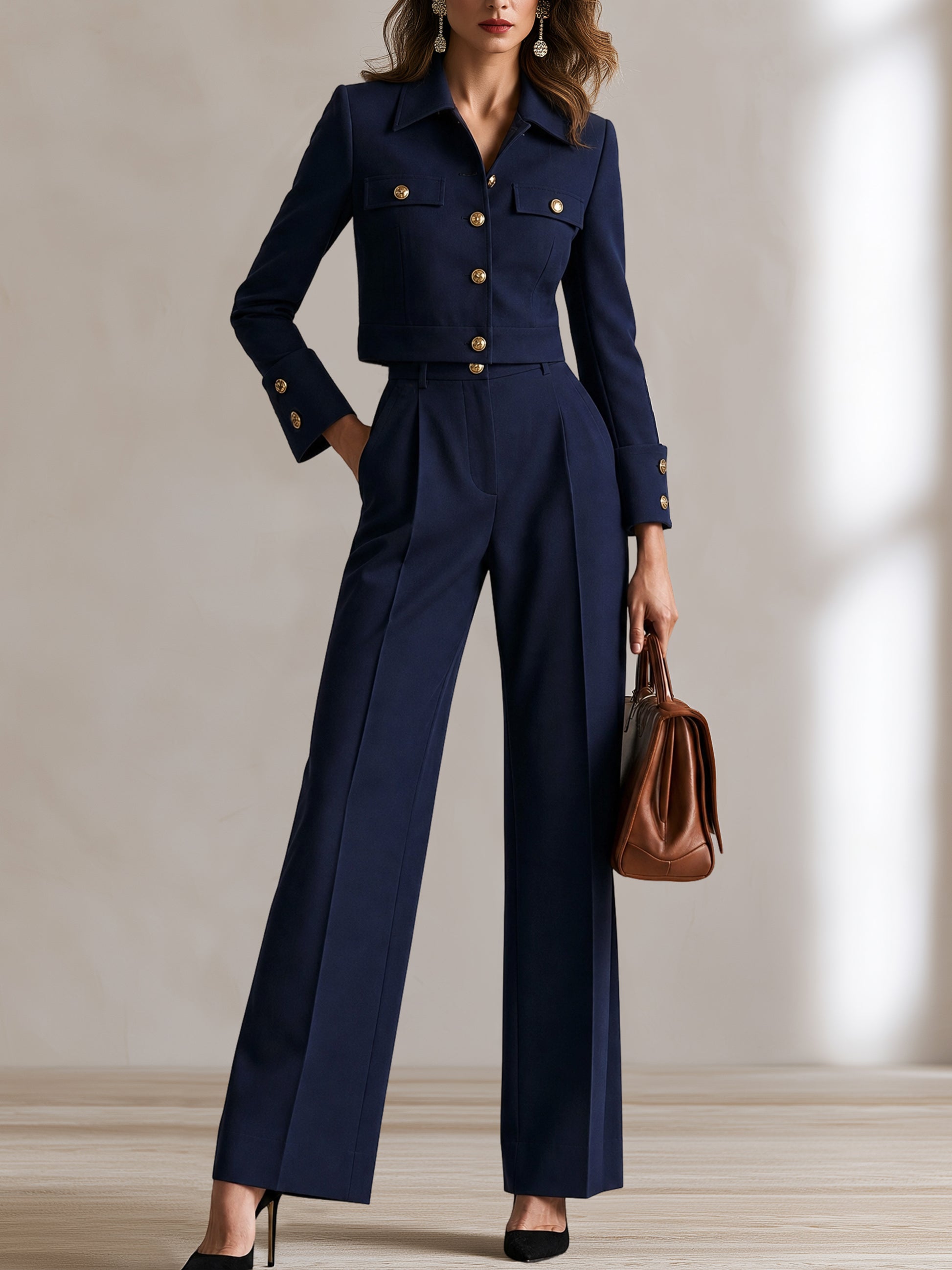 Tailored Gold‑Button Jacket & High‑Waist Wide‑Leg Trousers Suit Set