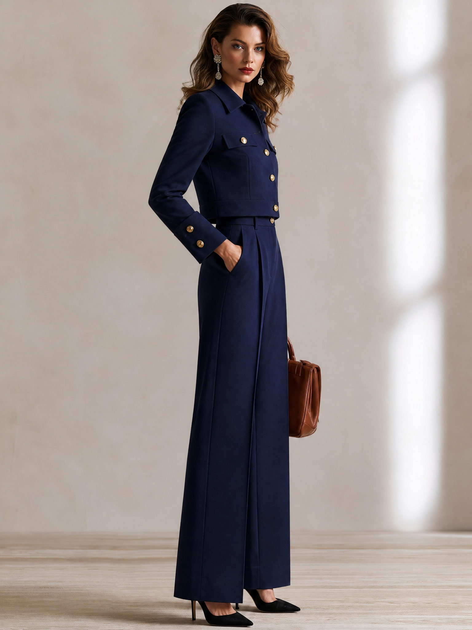 Tailored Gold‑Button Jacket & High‑Waist Wide‑Leg Trousers Suit Set