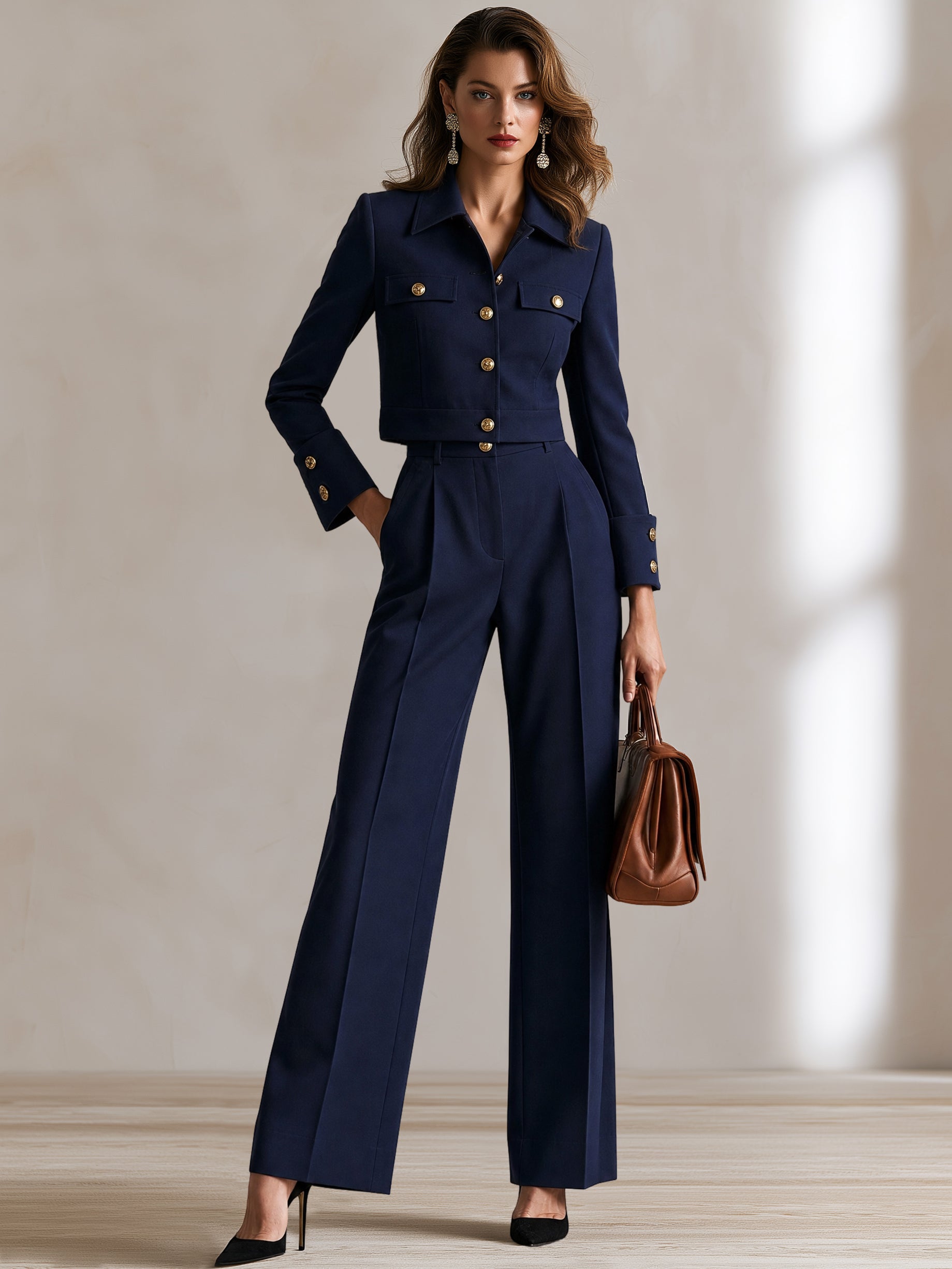 Tailored Gold‑Button Jacket & High‑Waist Wide‑Leg Trousers Suit Set