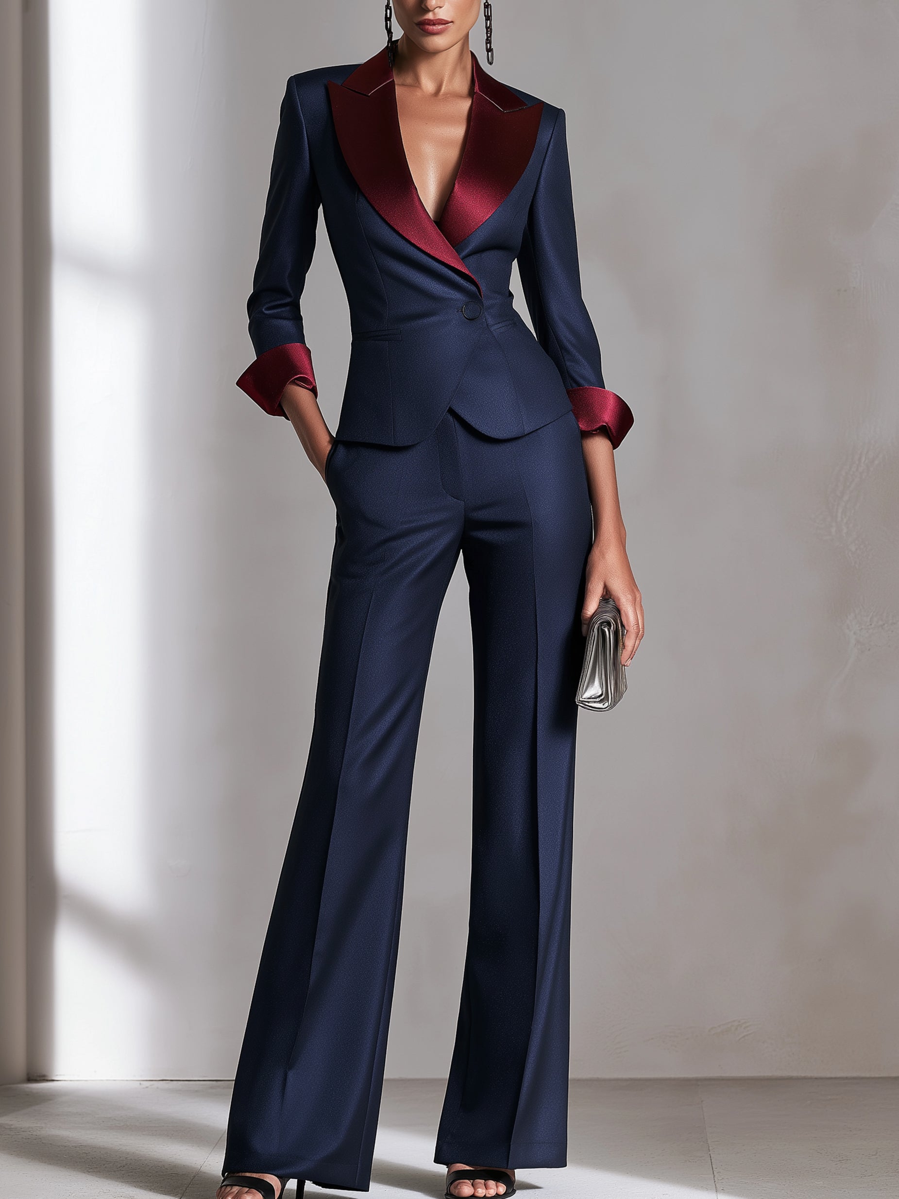 Contrast Satin Lapel Blazer & Flare Pants Suit