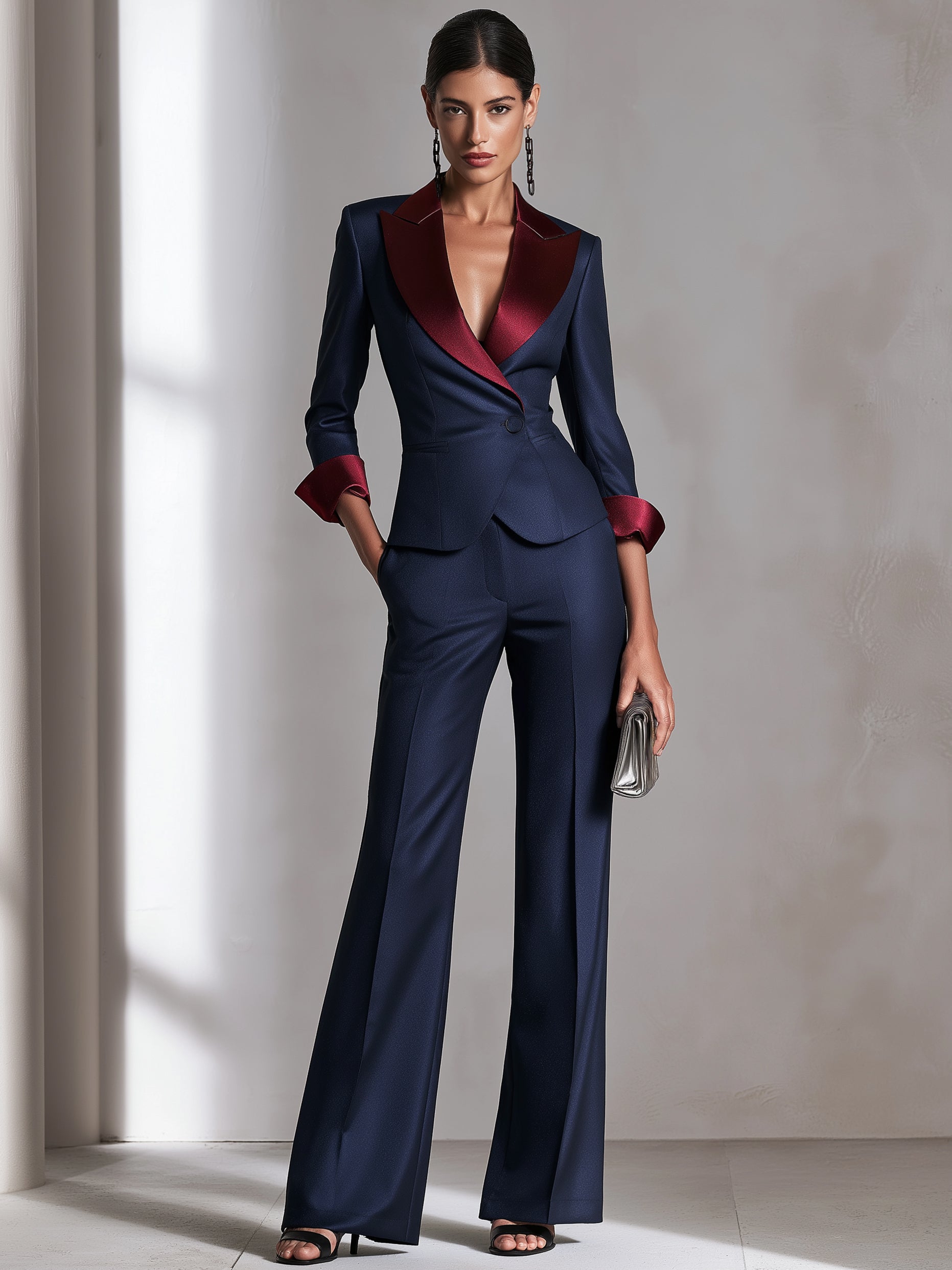 Contrast Satin Lapel Blazer & Flare Pants Suit