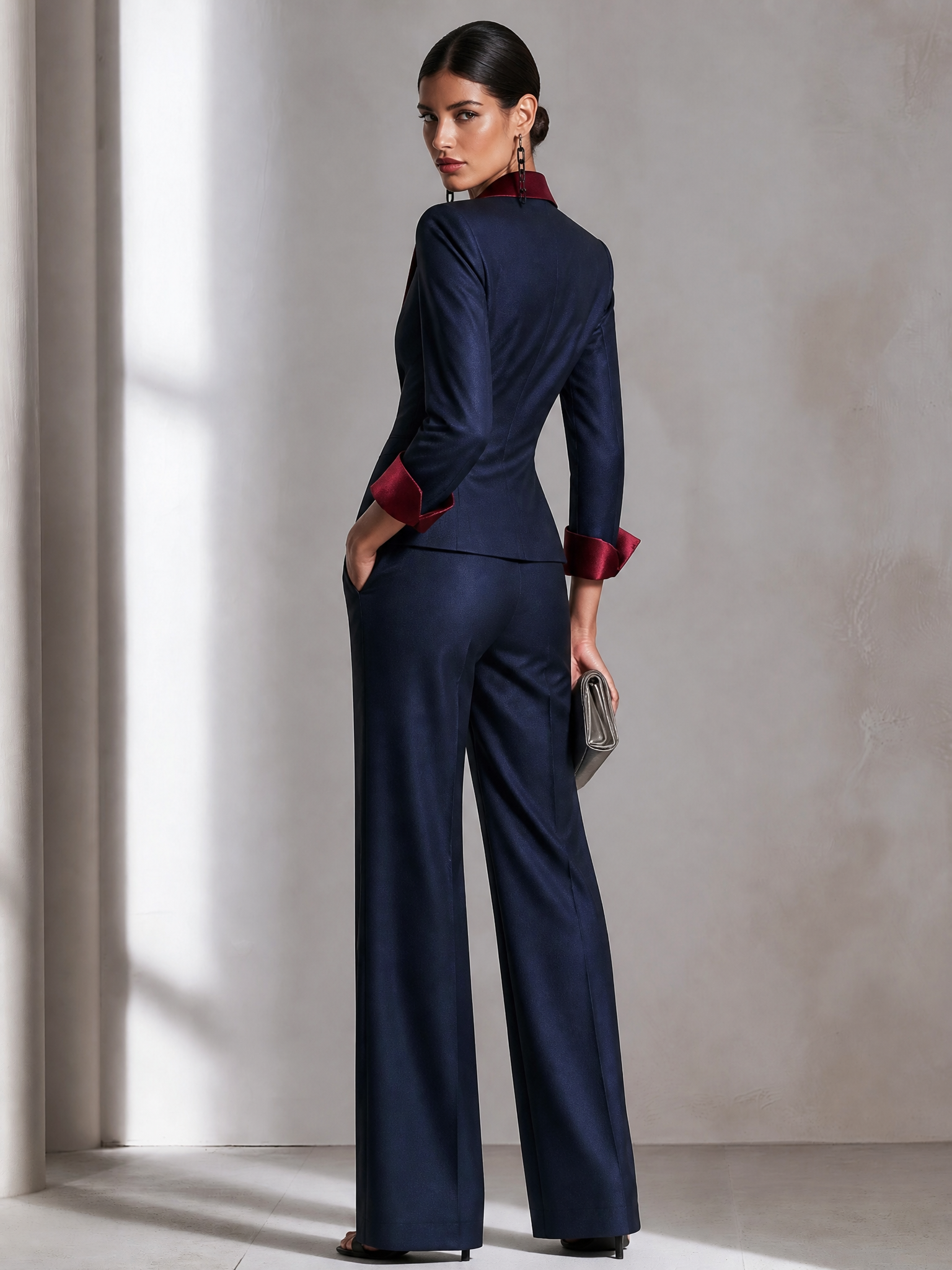 Contrast Satin Lapel Blazer & Flare Pants Suit