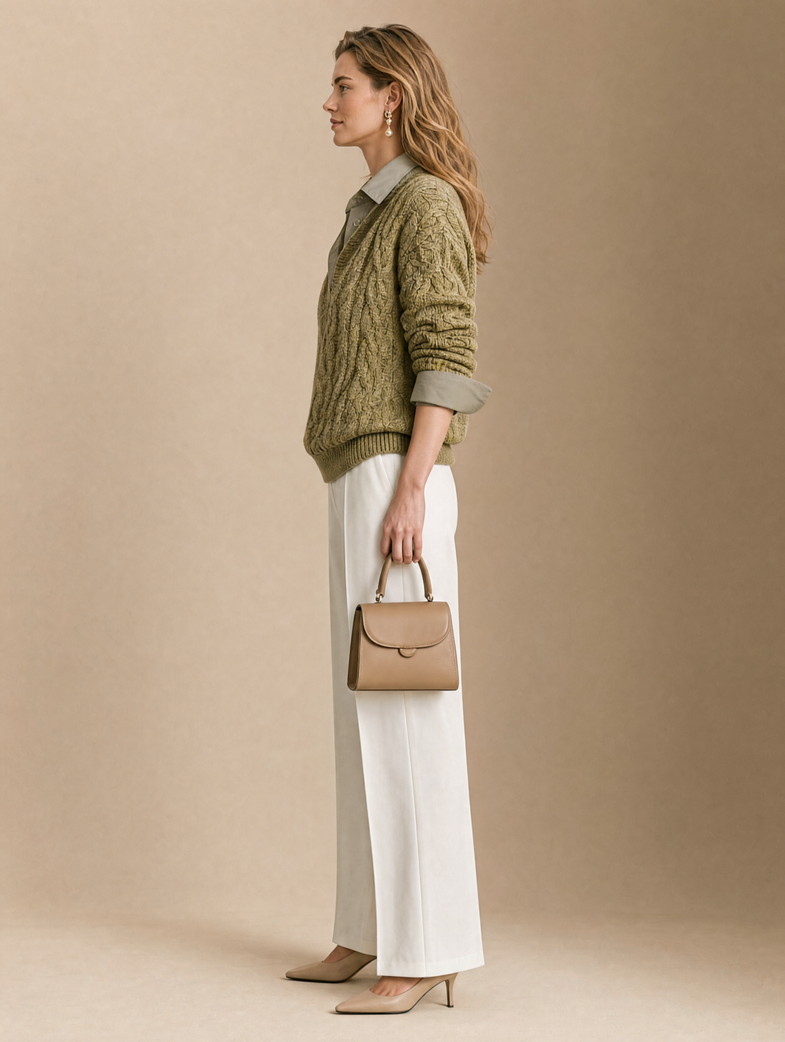 Olive Green Cable-knit Sweater With A Faux-layered Look