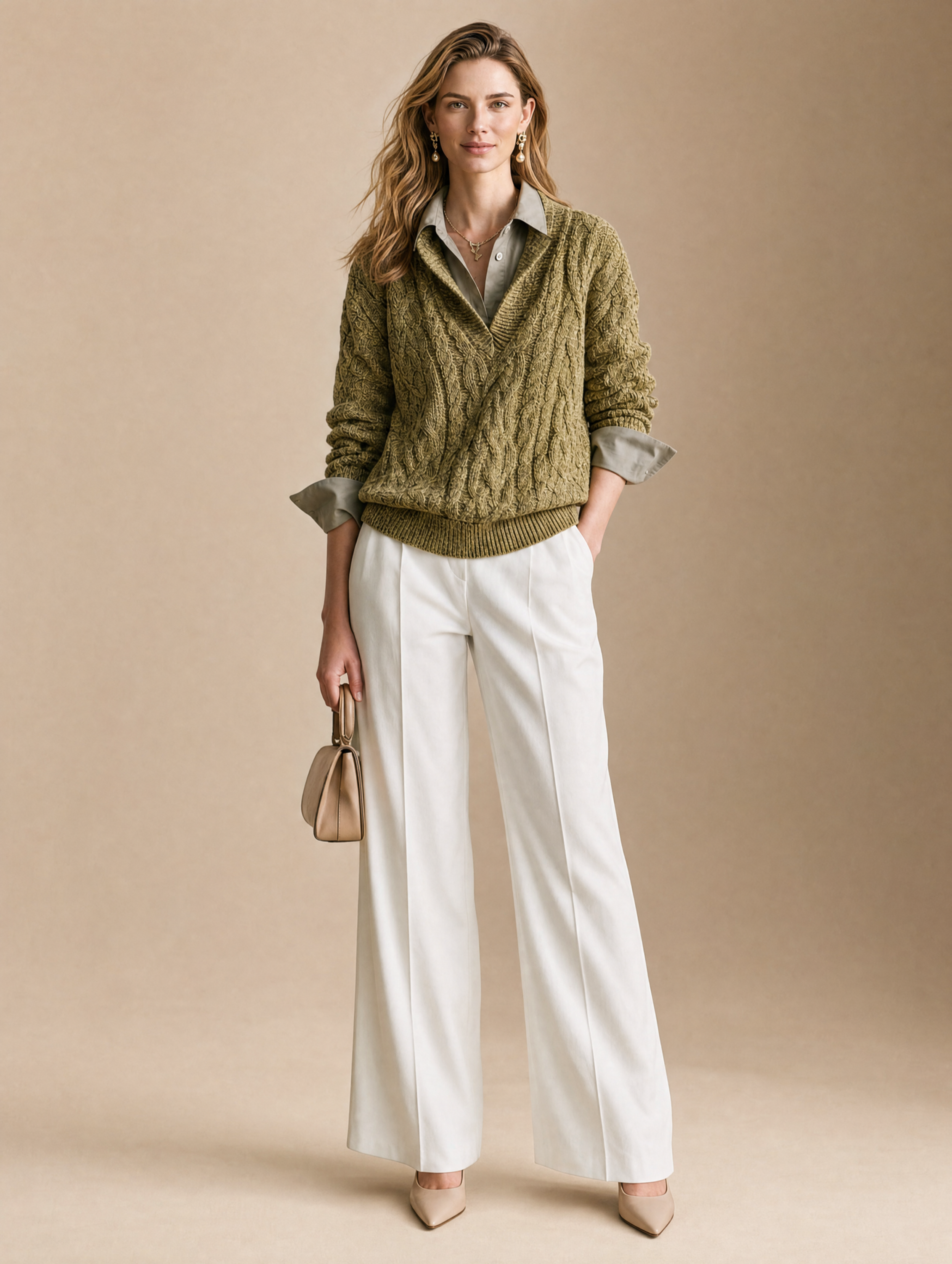Olive Green Cable-knit Sweater With A Faux-layered Look