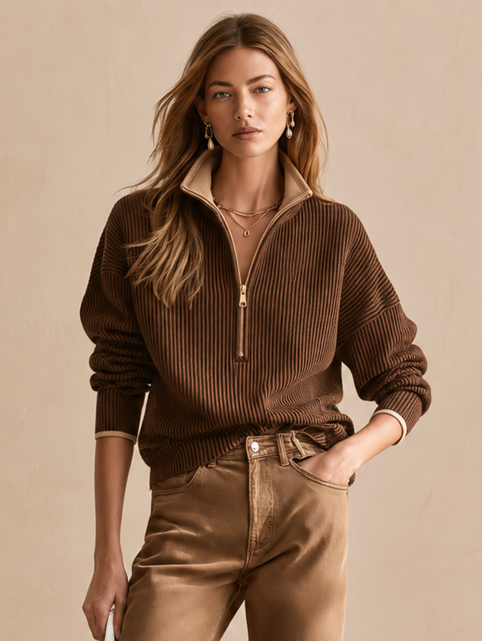 Elegant Brown Zip-neck Knit Top