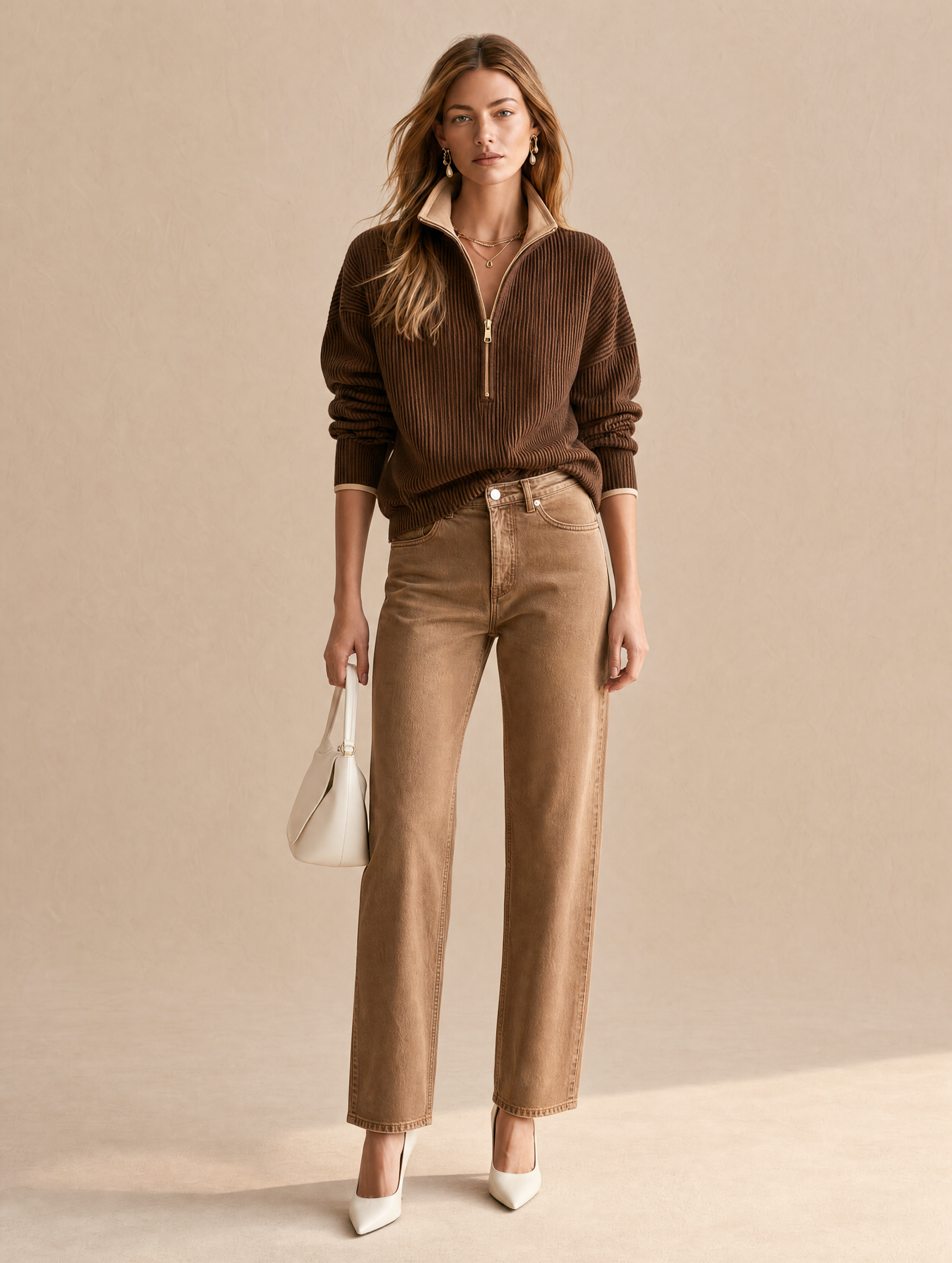Elegant Brown Zip-neck Knit Top