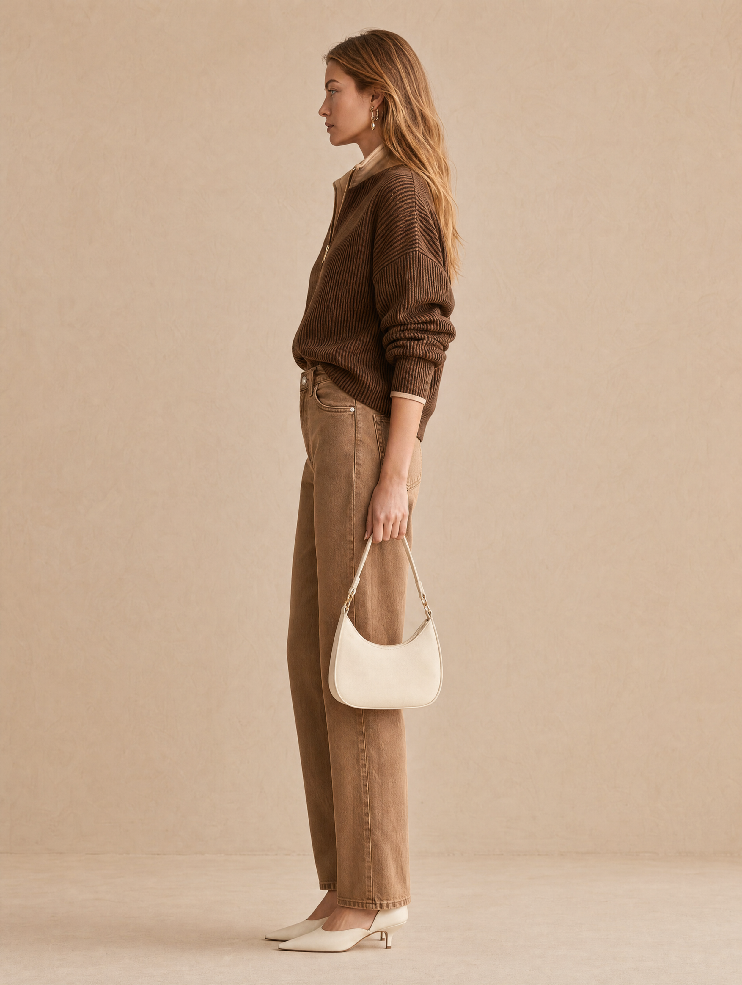 Elegant Brown Zip-neck Knit Top