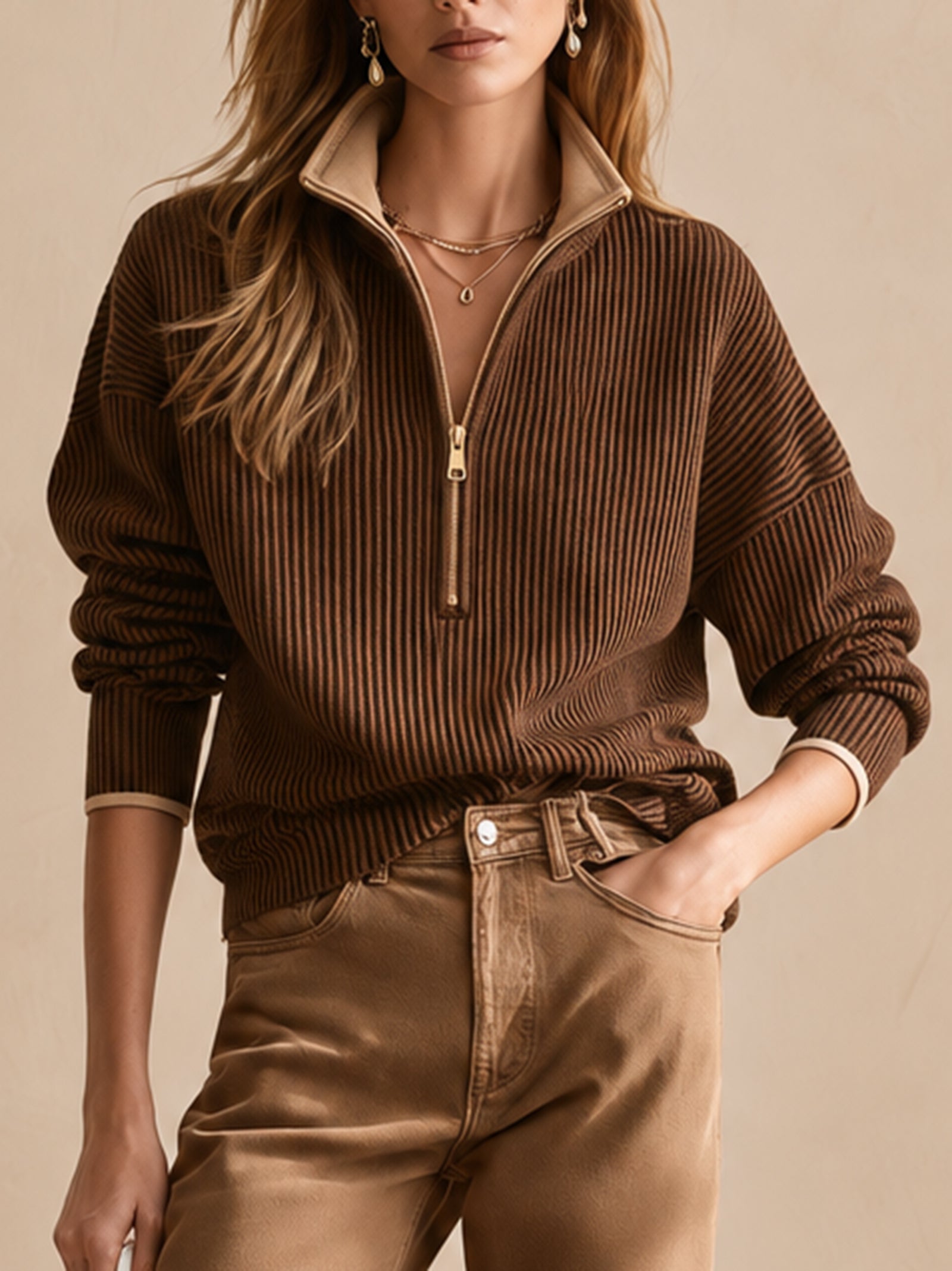 Elegant Brown Zip-neck Knit Top