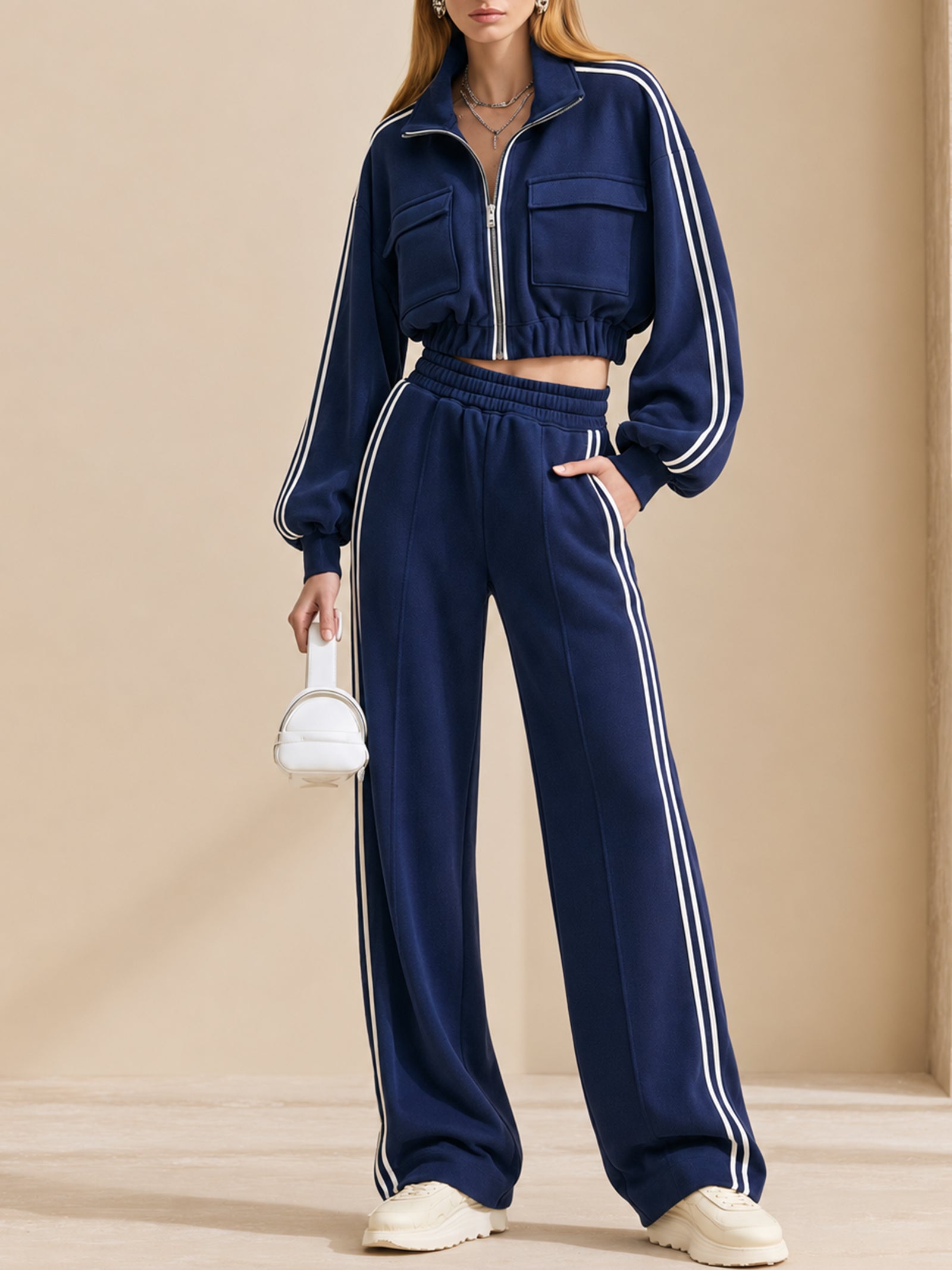 Navy Blue And White Striped Tracksuit