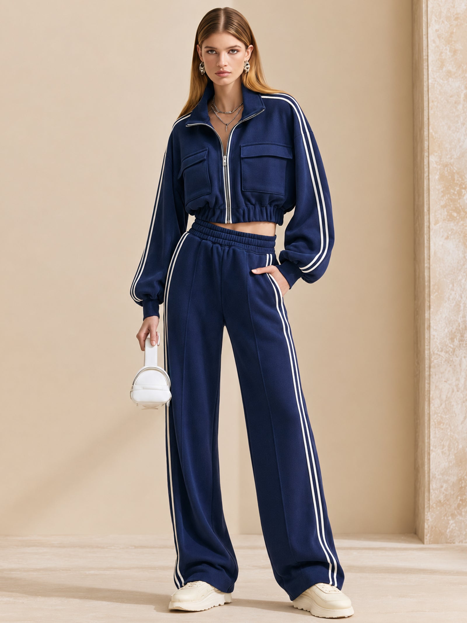 Navy Blue And White Striped Tracksuit
