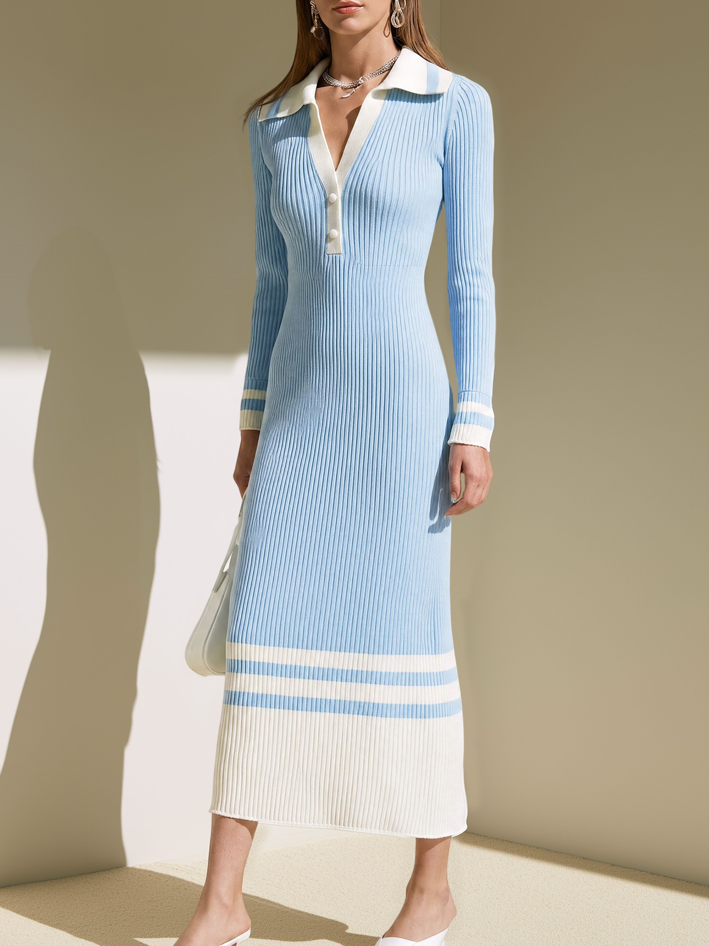 Elegant Light Blue & Ivory Contrast Stripe Knit Midi Dress