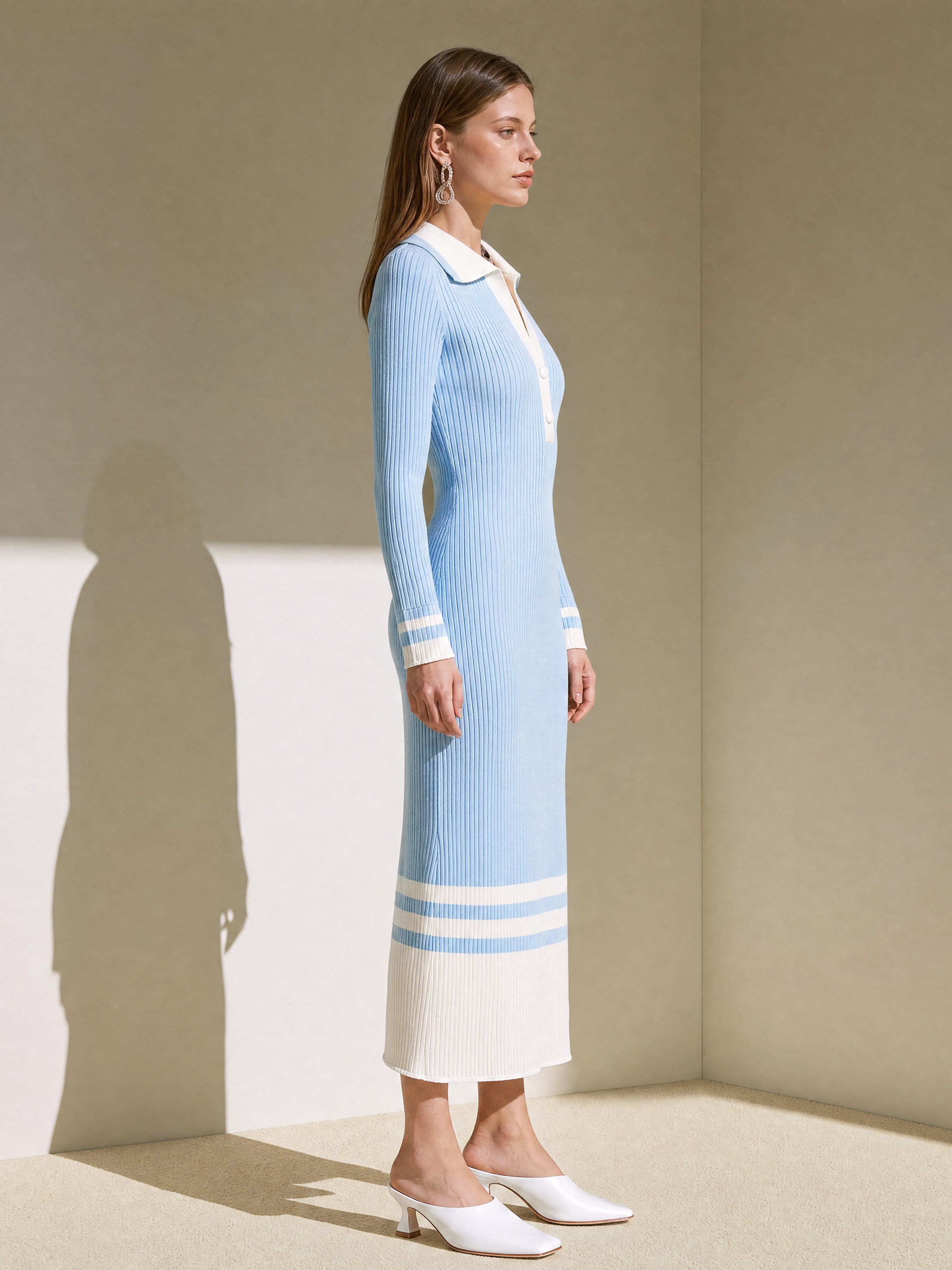 Elegant Light Blue & Ivory Contrast Stripe Knit Midi Dress