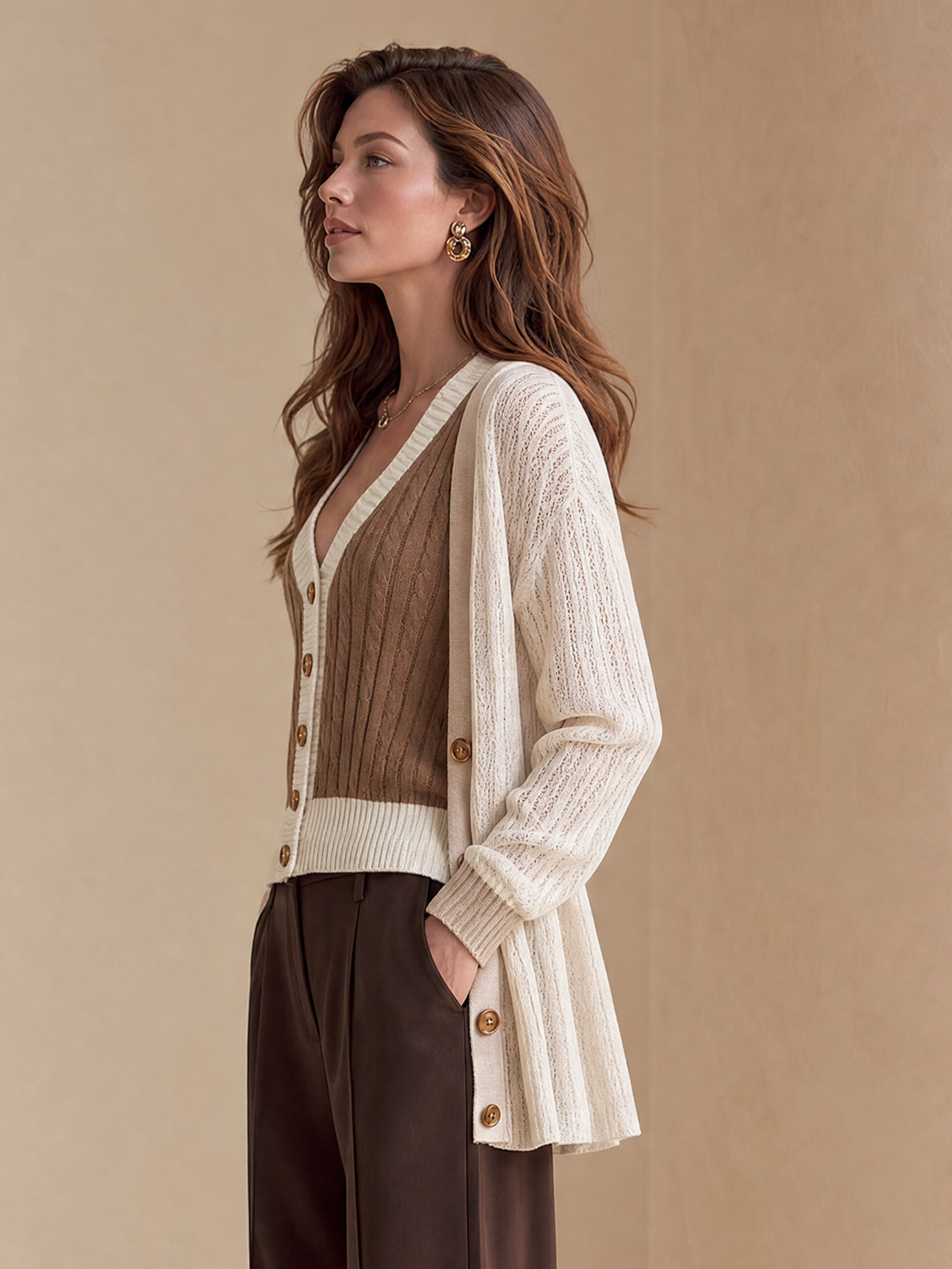 Elegant Ivory & Light Brown Contrast Knit Vest Cardigan Set