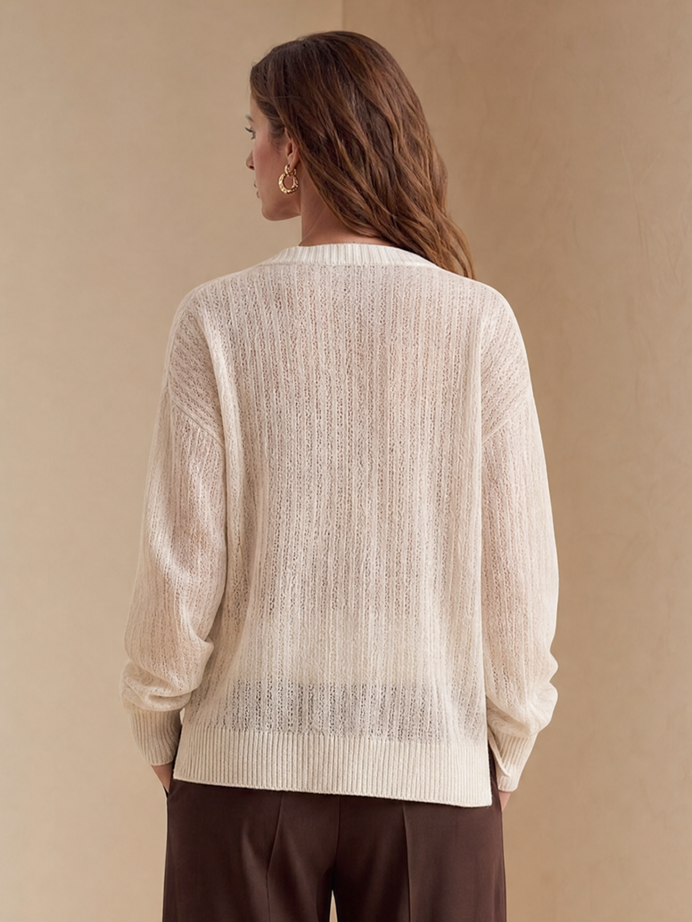 Elegant Ivory & Light Brown Contrast Knit Vest Cardigan Set