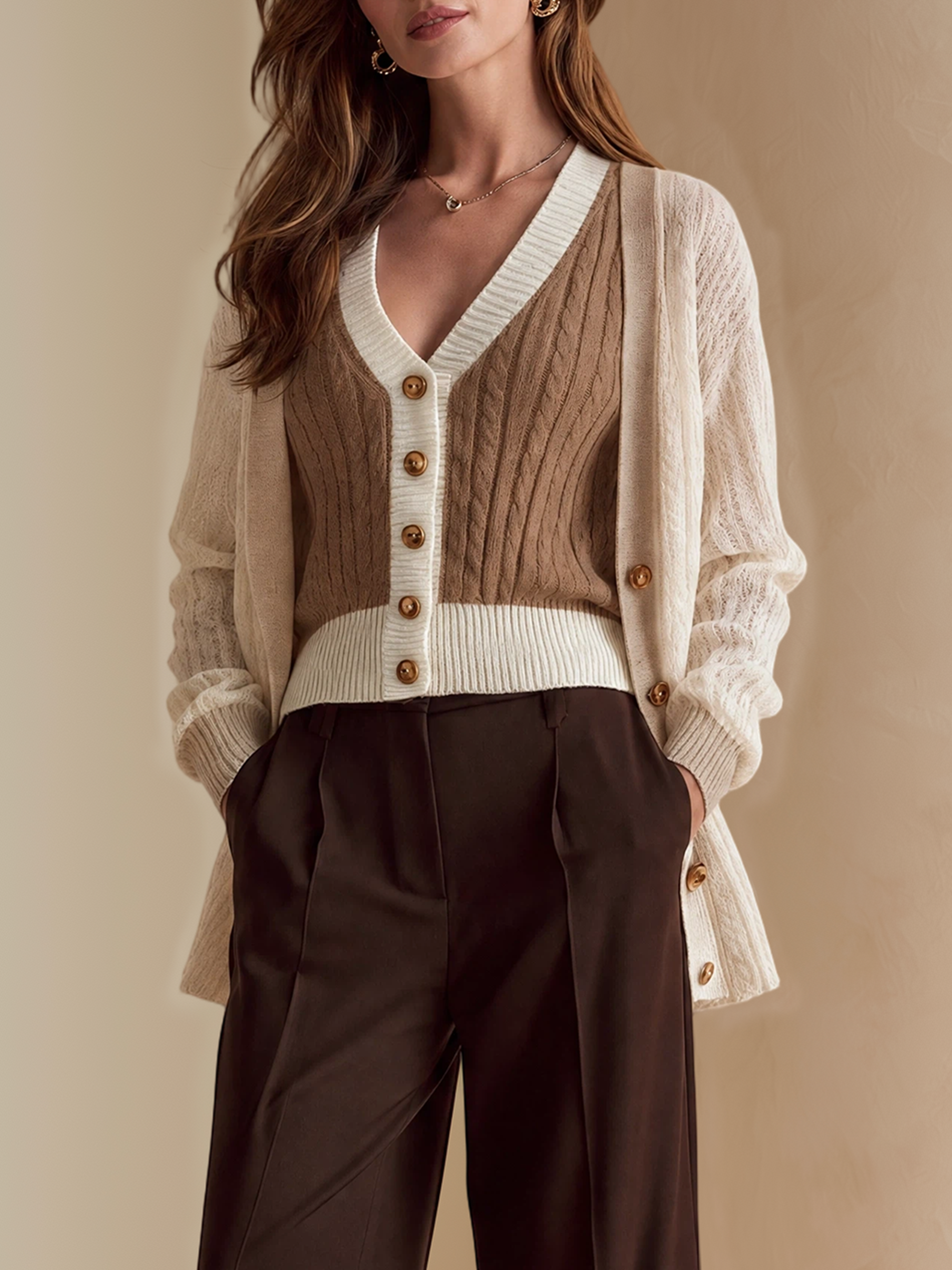 Elegant Ivory & Light Brown Contrast Knit Vest Cardigan Set