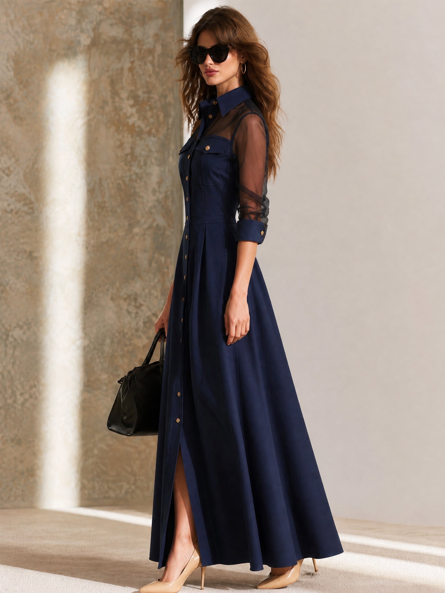 Tailored Long Sleeve Mesh‑Panel Shirt‑Style Maxi Dress