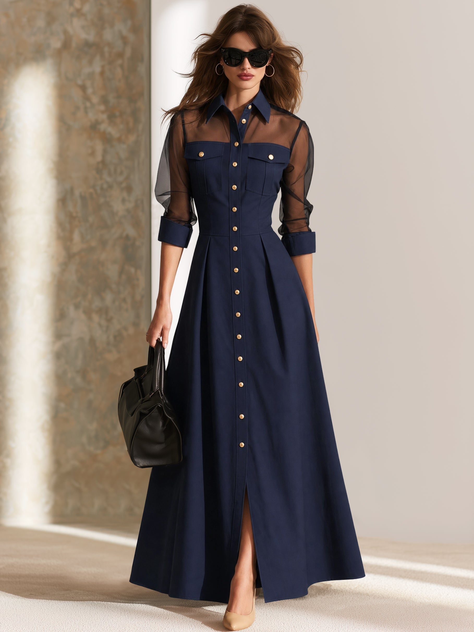 Tailored Long Sleeve Mesh‑Panel Shirt‑Style Maxi Dress
