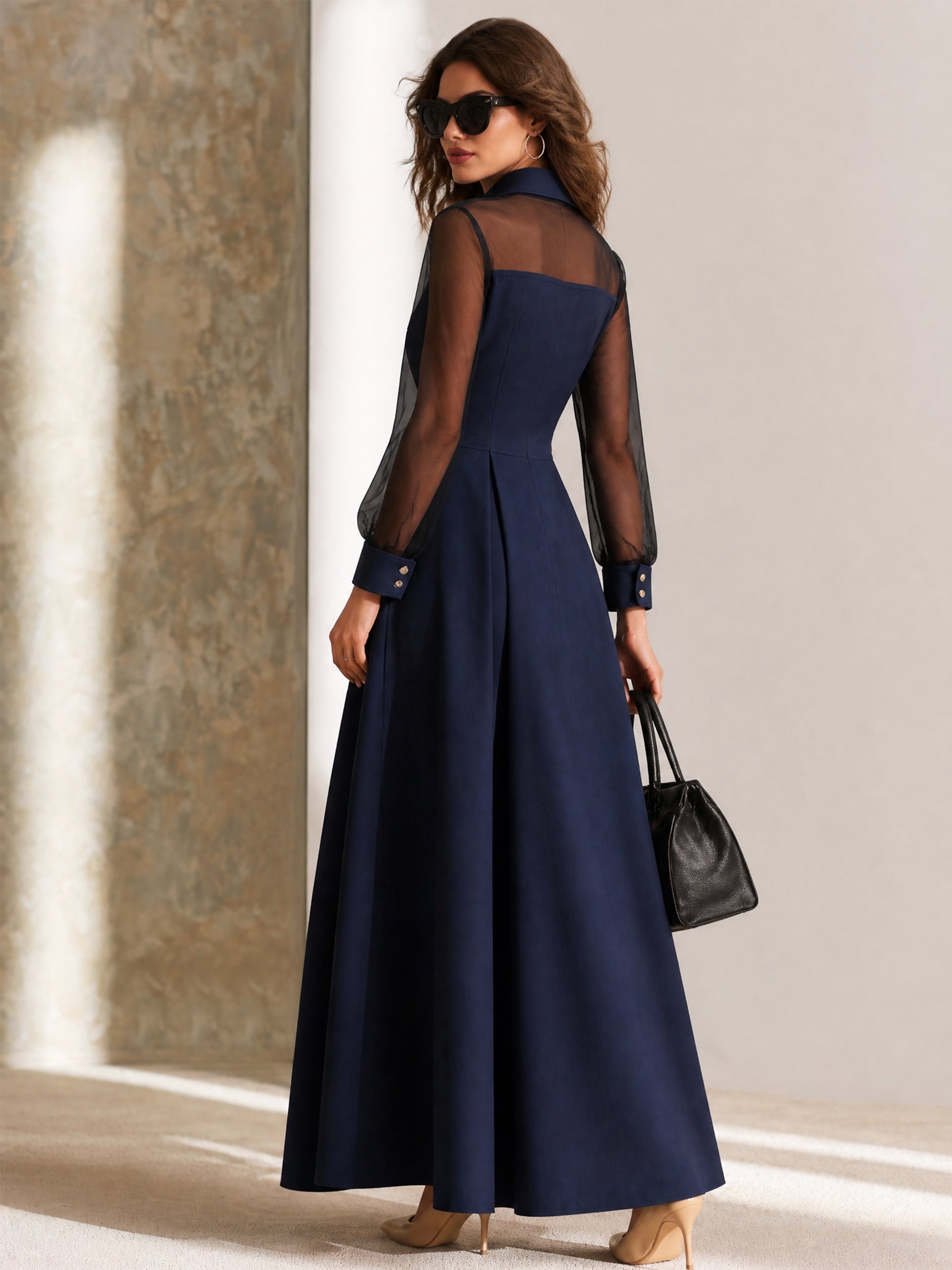 Tailored Long Sleeve Mesh‑Panel Shirt‑Style Maxi Dress