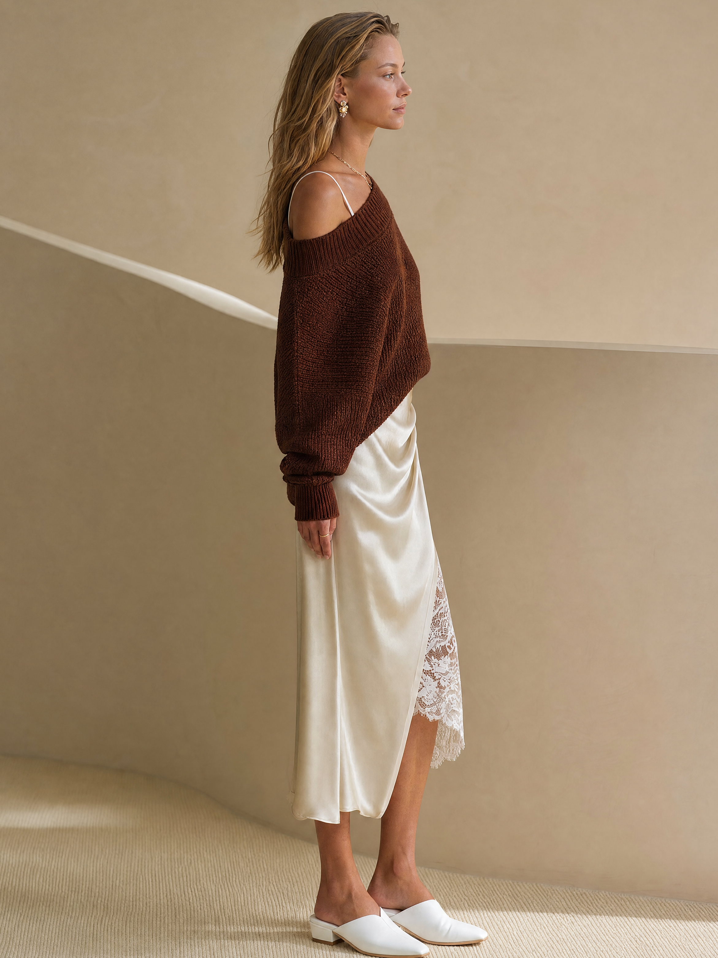 Elegant Ivory Lace Slip Dress & Brown Off-Shoulder Knit Top Set