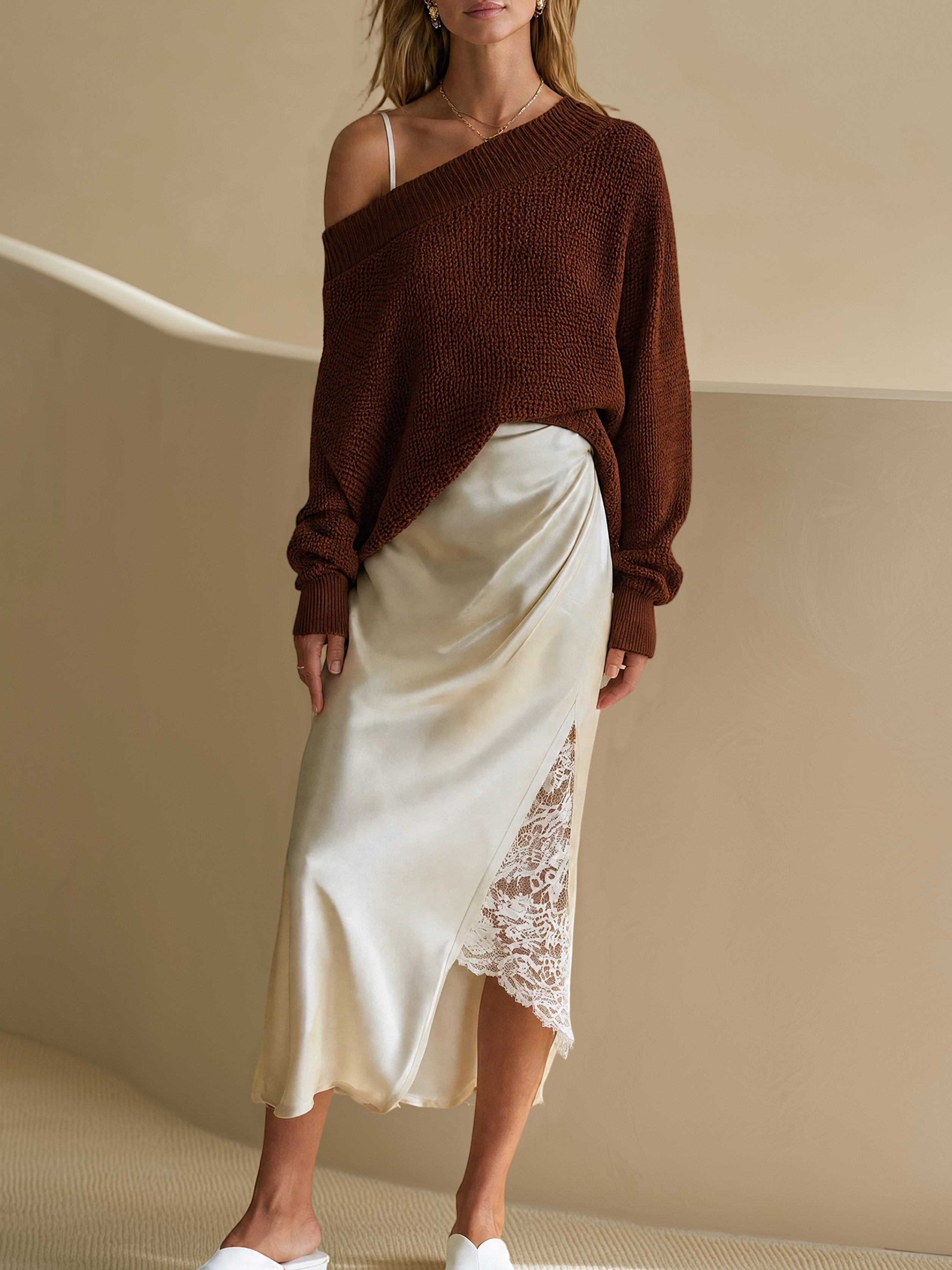 Elegant Ivory Lace Slip Dress & Brown Off-Shoulder Knit Top Set