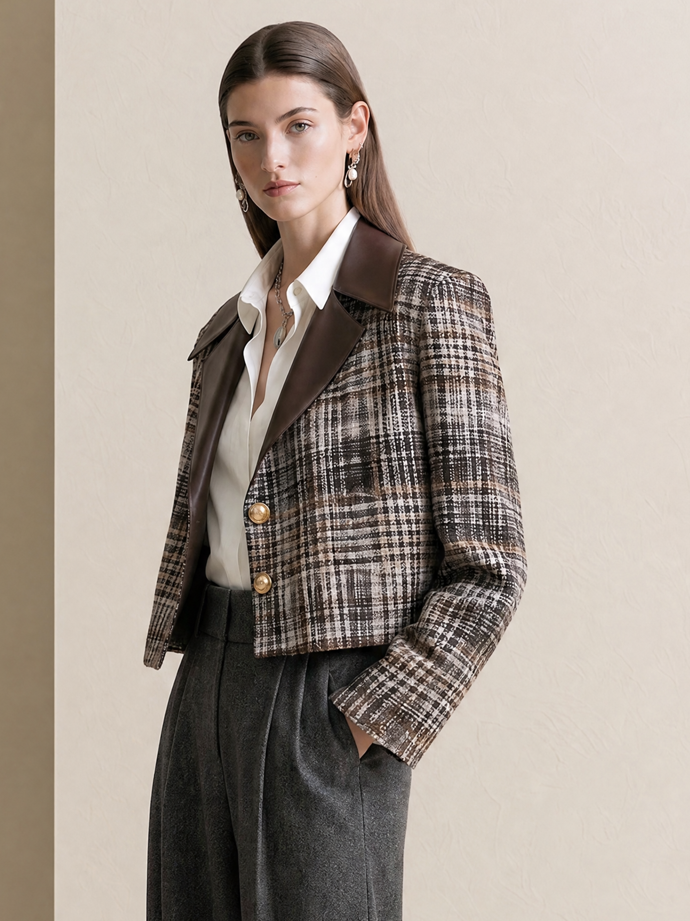 Elegant Ivory & Brown Contrast Leather-Trim Tweed Cropped Jacket