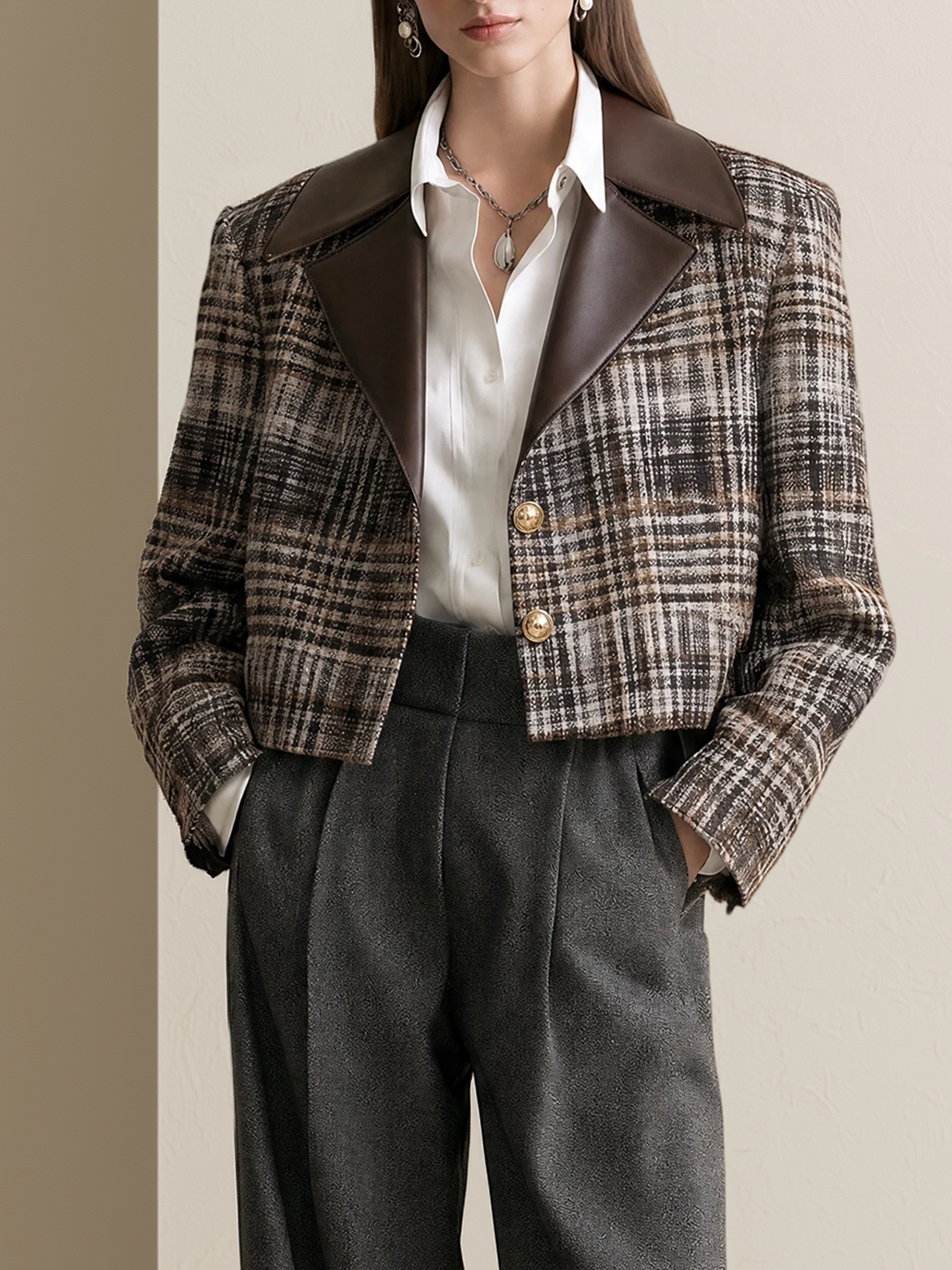 Elegant Ivory & Brown Contrast Leather-Trim Tweed Cropped Jacket