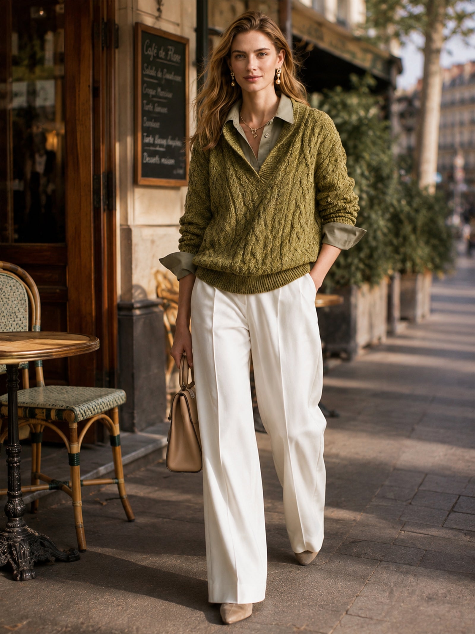 Olive Green Cable-knit Sweater With A Faux-layered Look