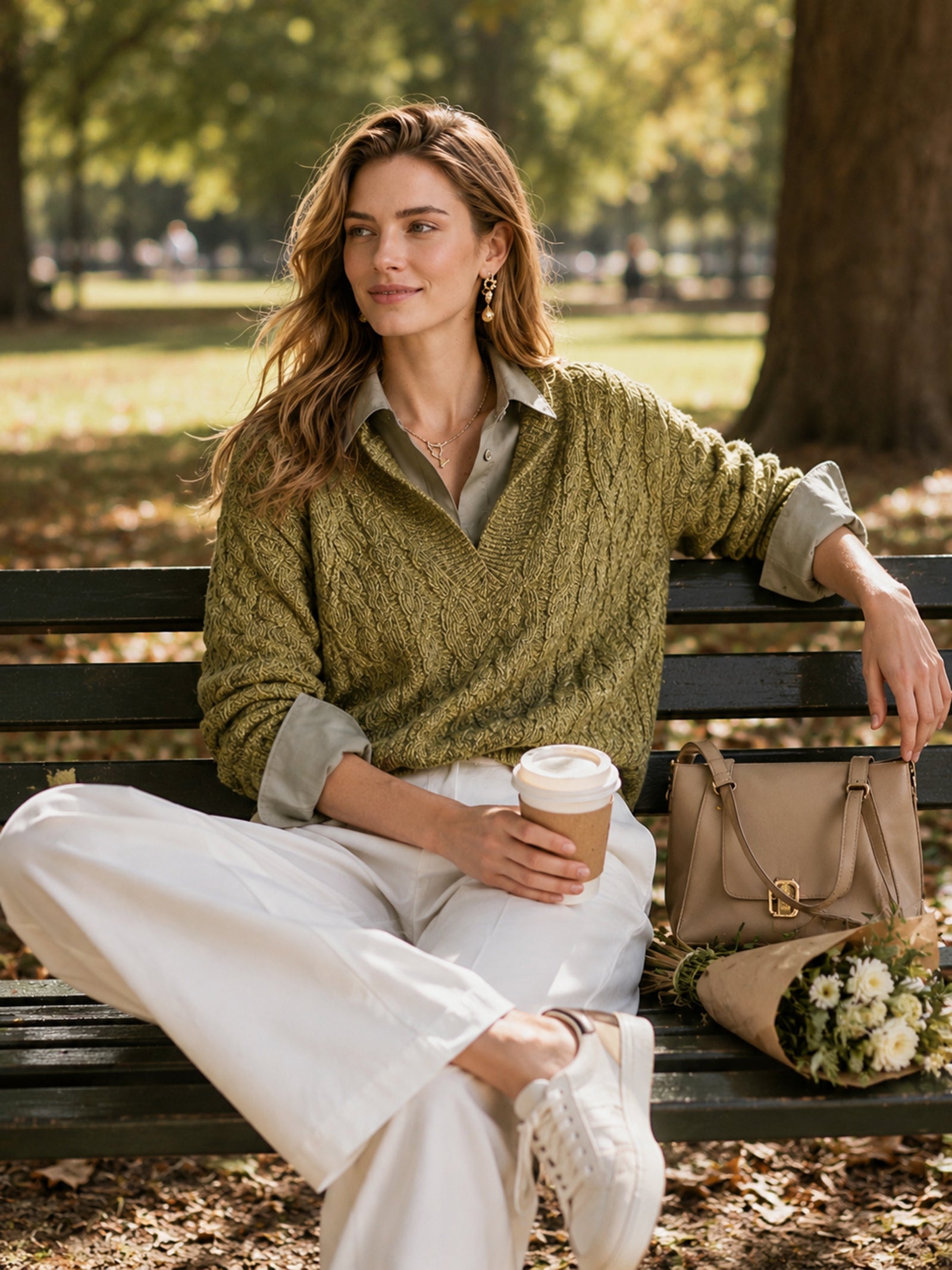 Olive Green Cable-knit Sweater With A Faux-layered Look