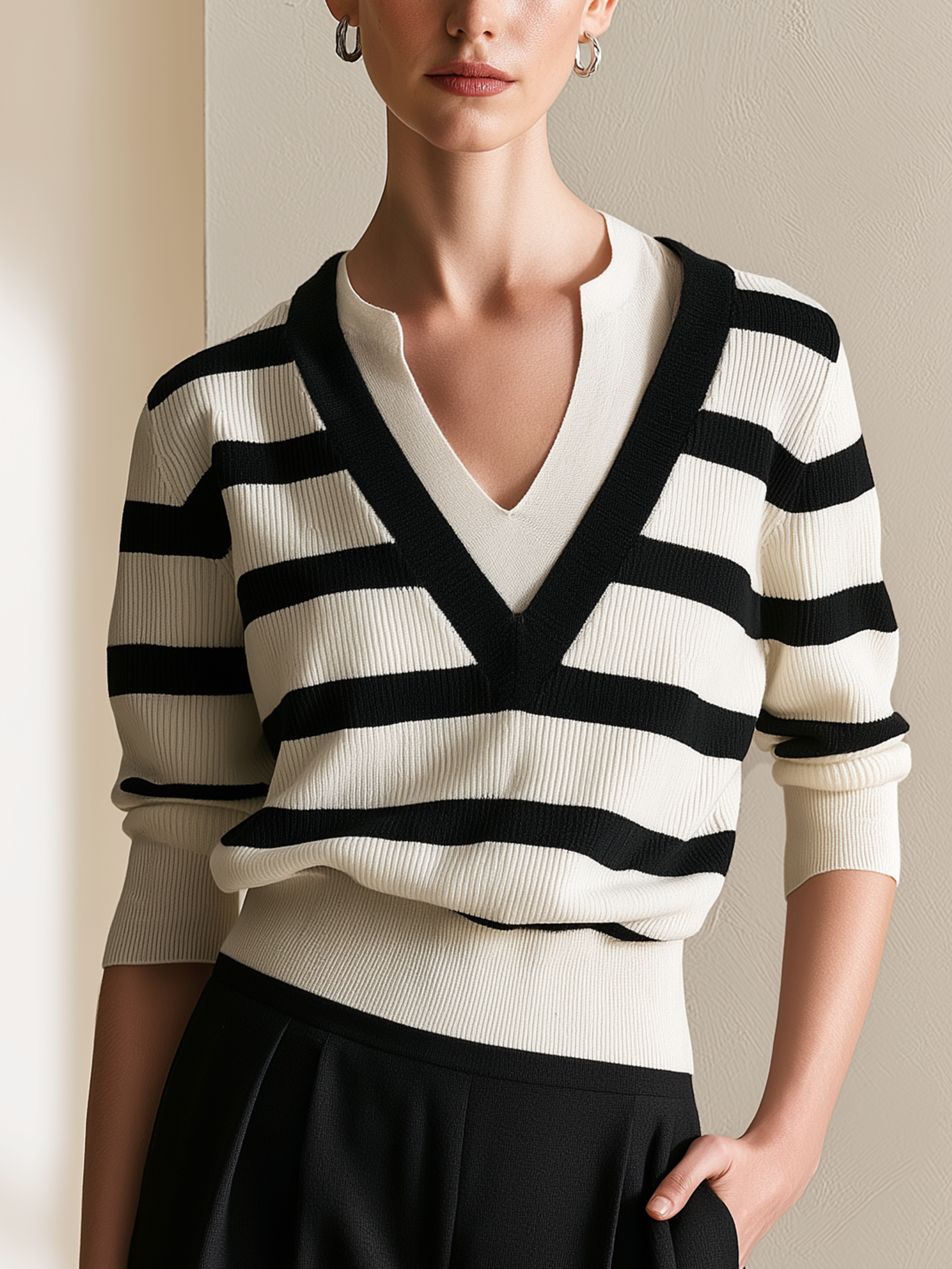 Black‑White Stripe Faux Two‑Piece V‑Neck Pullover Sweater