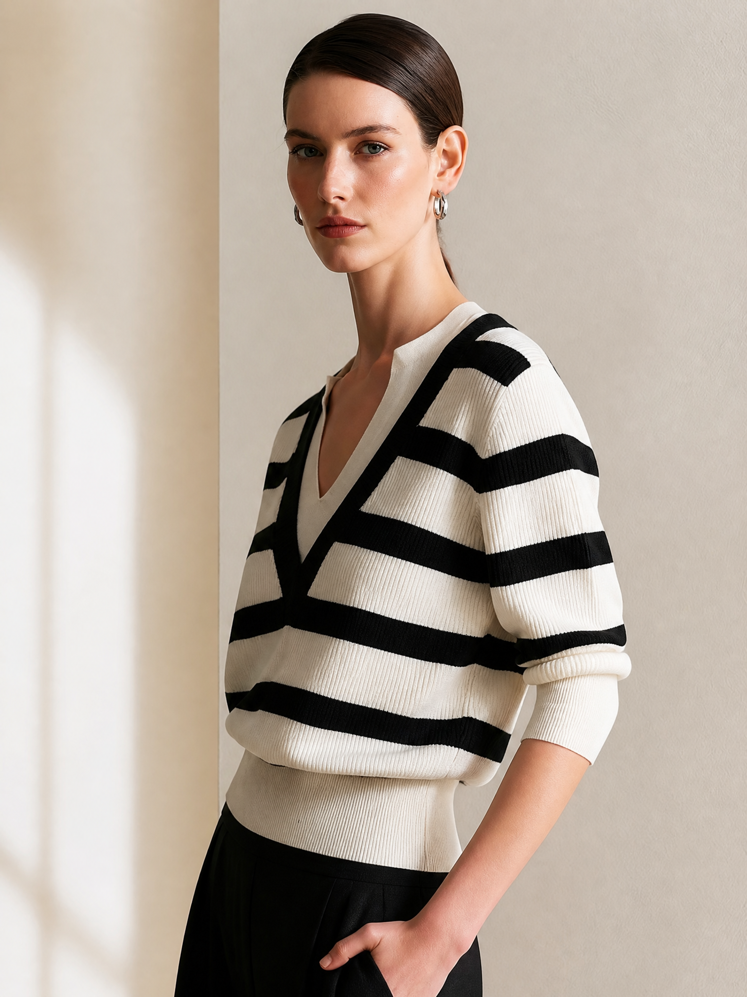 Black‑White Stripe Faux Two‑Piece V‑Neck Pullover Sweater