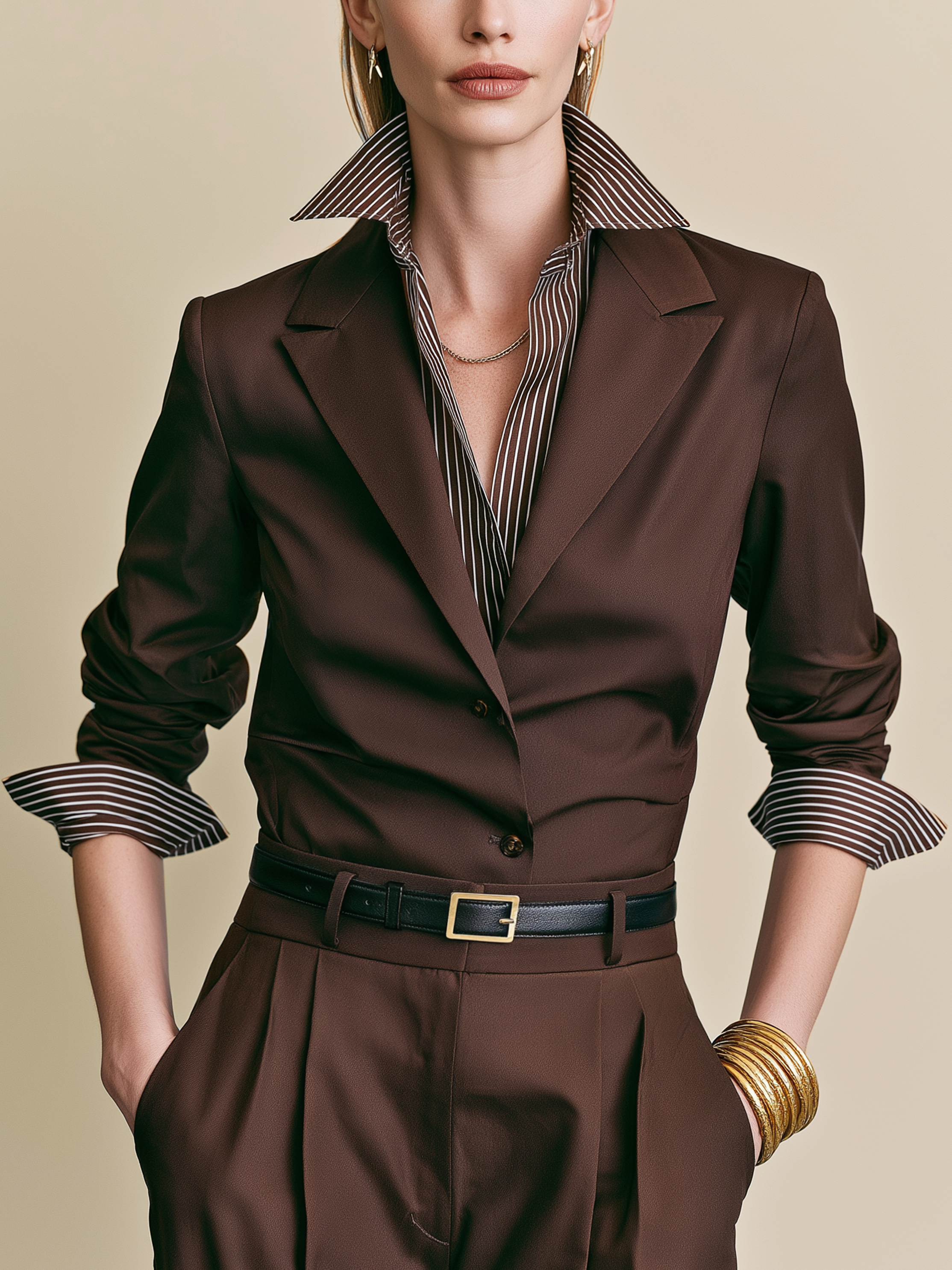 Dark Brown Blazer‑Collar Faux Two‑Piece Striped Spliced Blouse