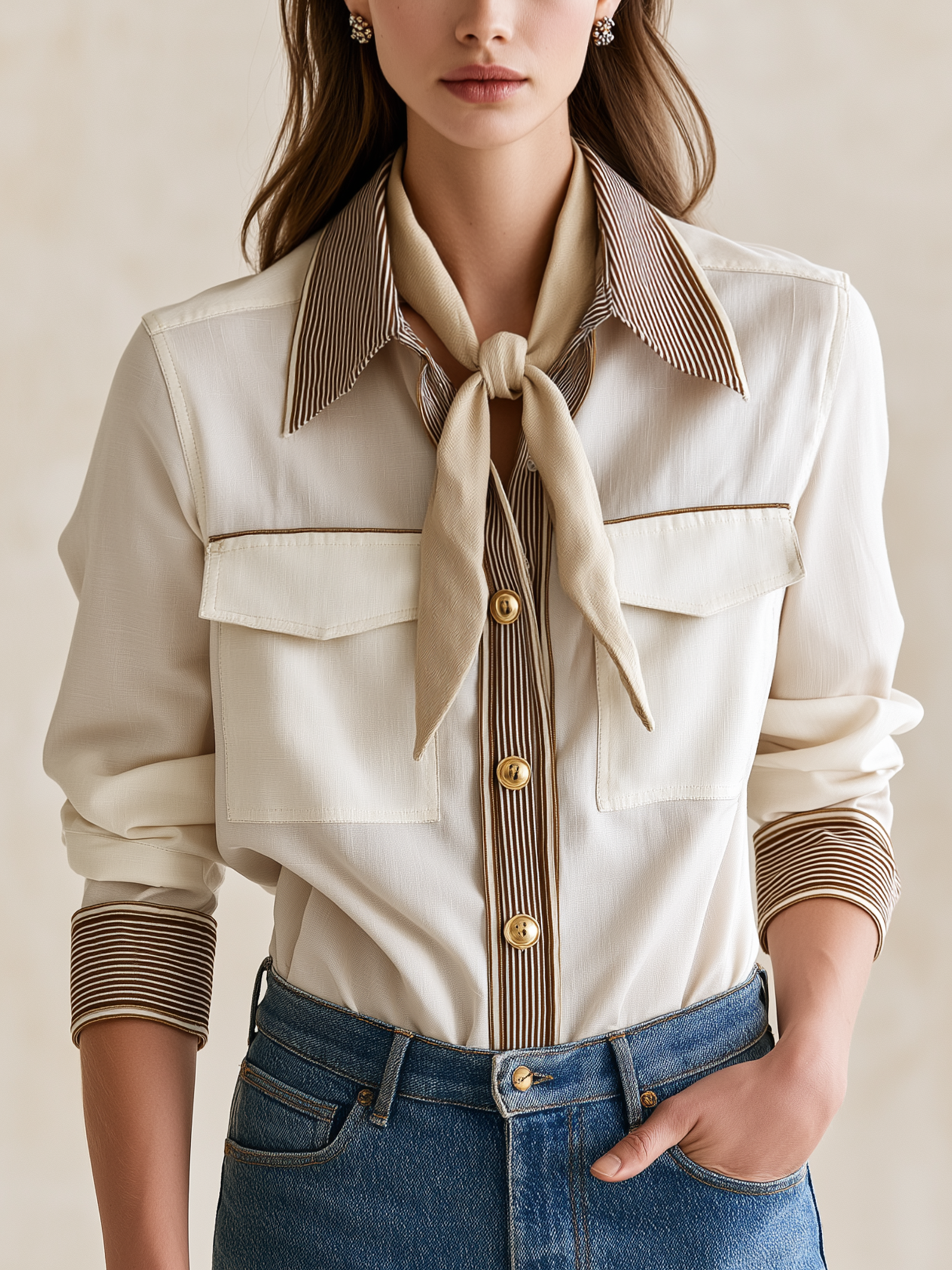 Cream Contrast Stripe Collar Long‑Sleeve Blouse