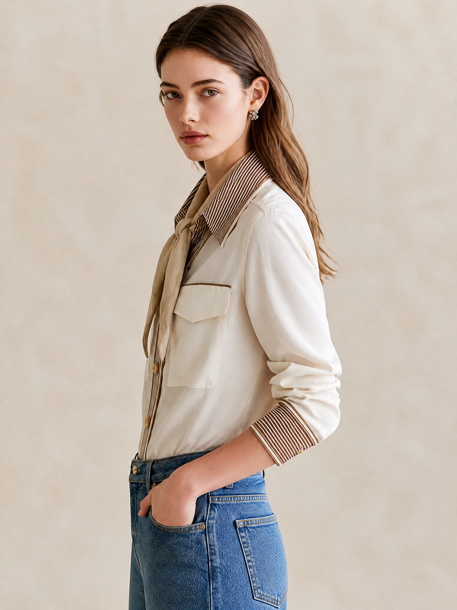 Cream Contrast Stripe Collar Long‑Sleeve Blouse