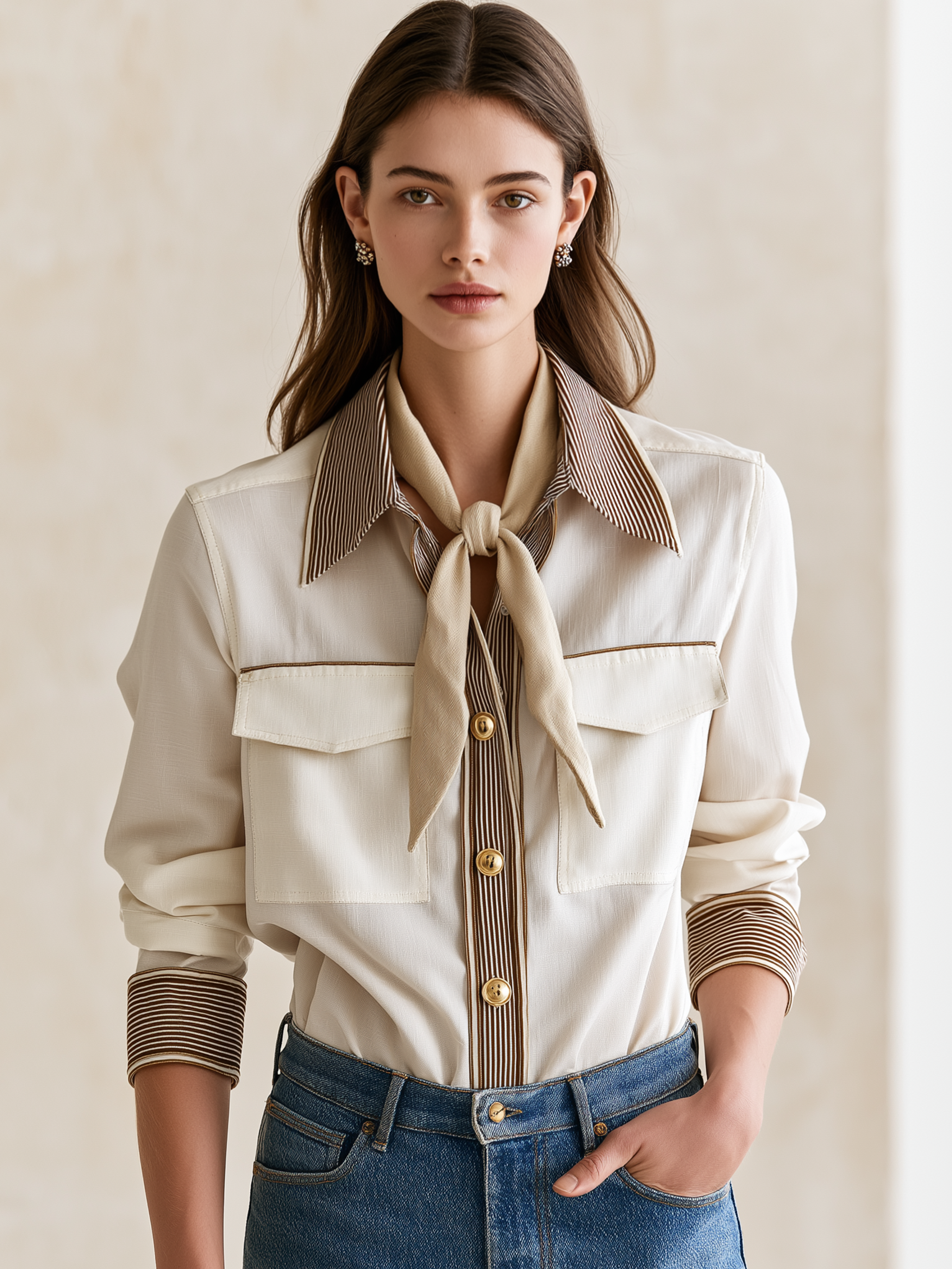 Cream Contrast Stripe Collar Long‑Sleeve Blouse