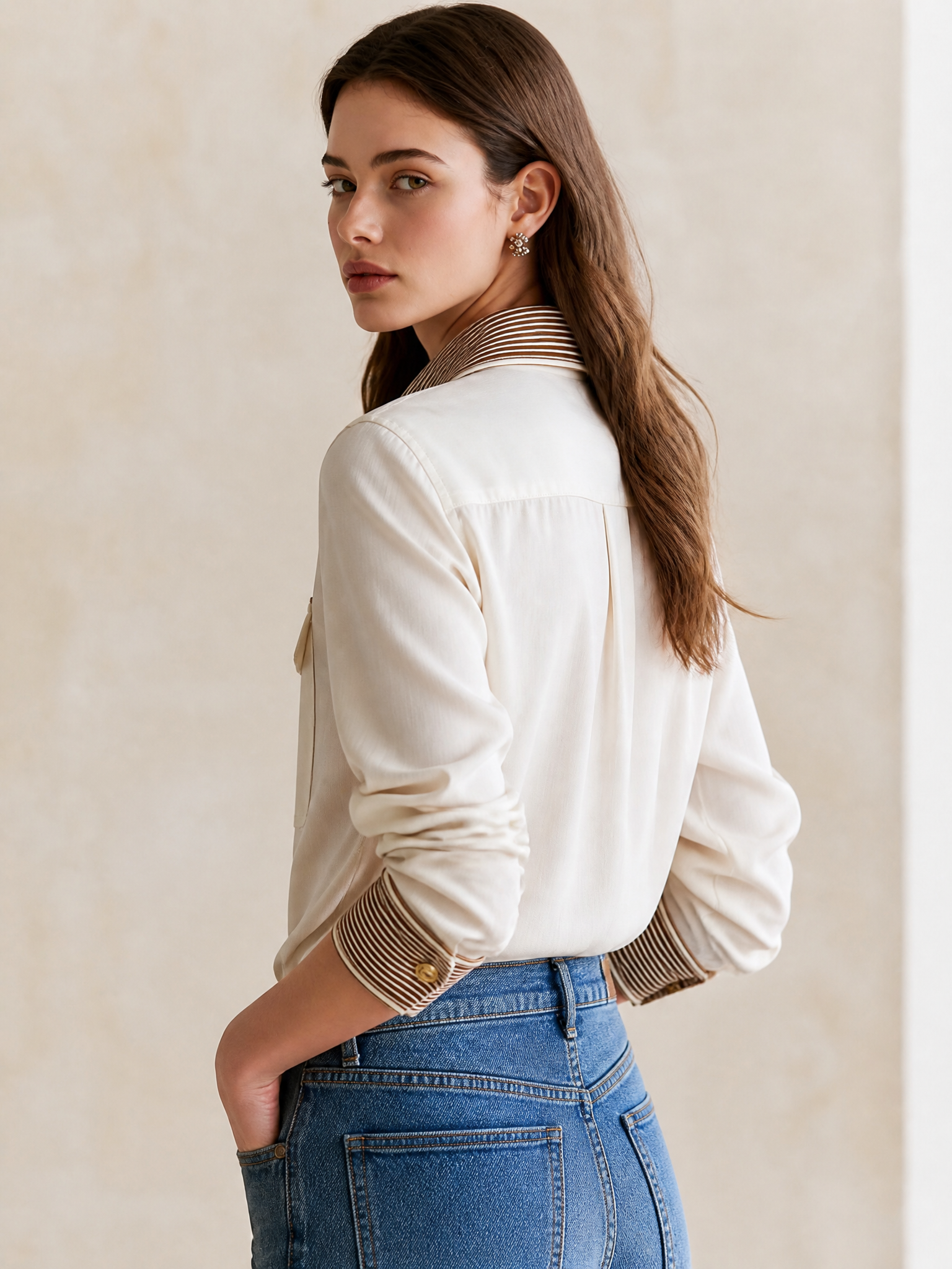 Cream Contrast Stripe Collar Long‑Sleeve Blouse