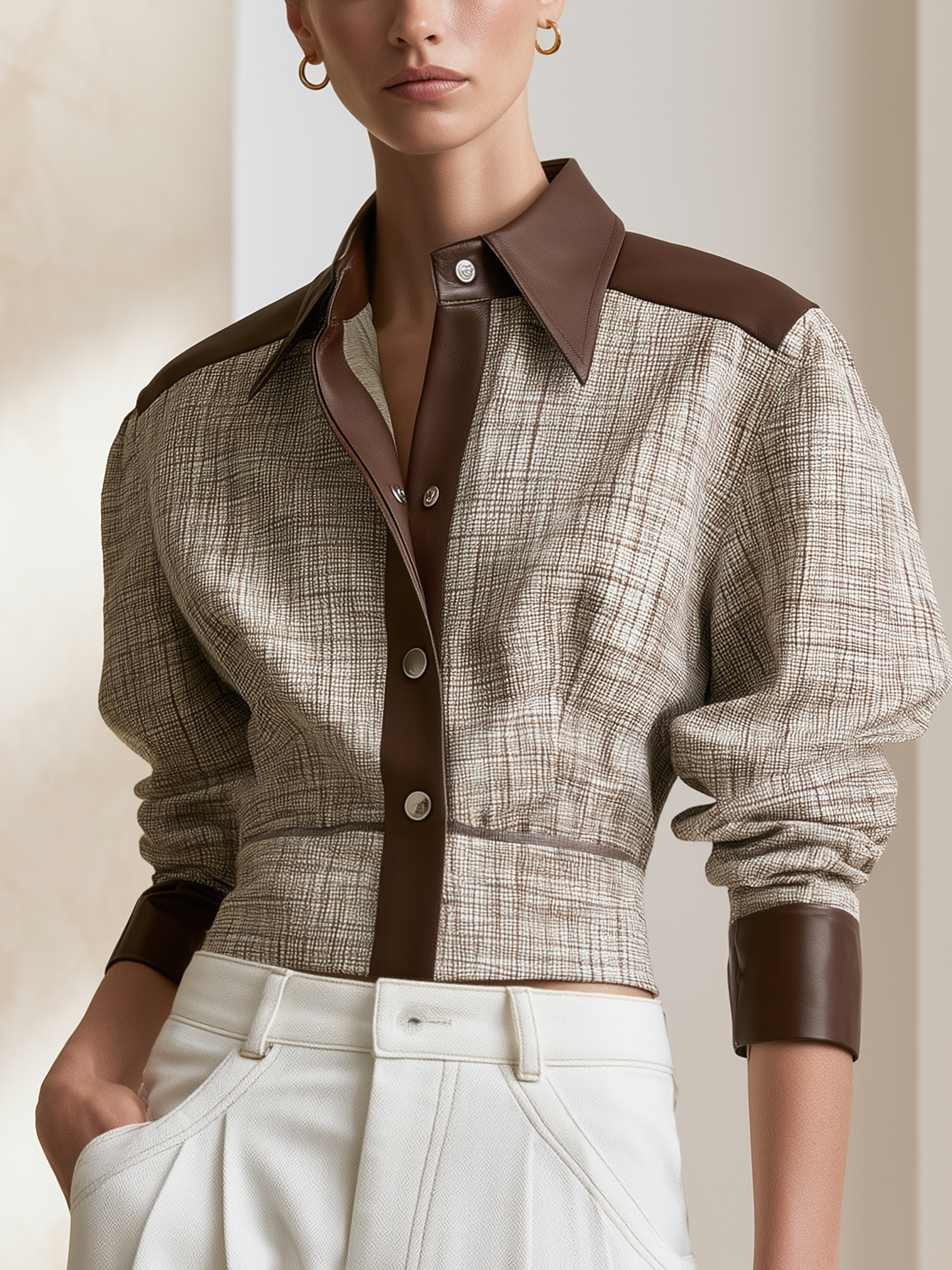 Coffee Faux‑Leather Contrast Woven Plaid Collar Cropped Jacket