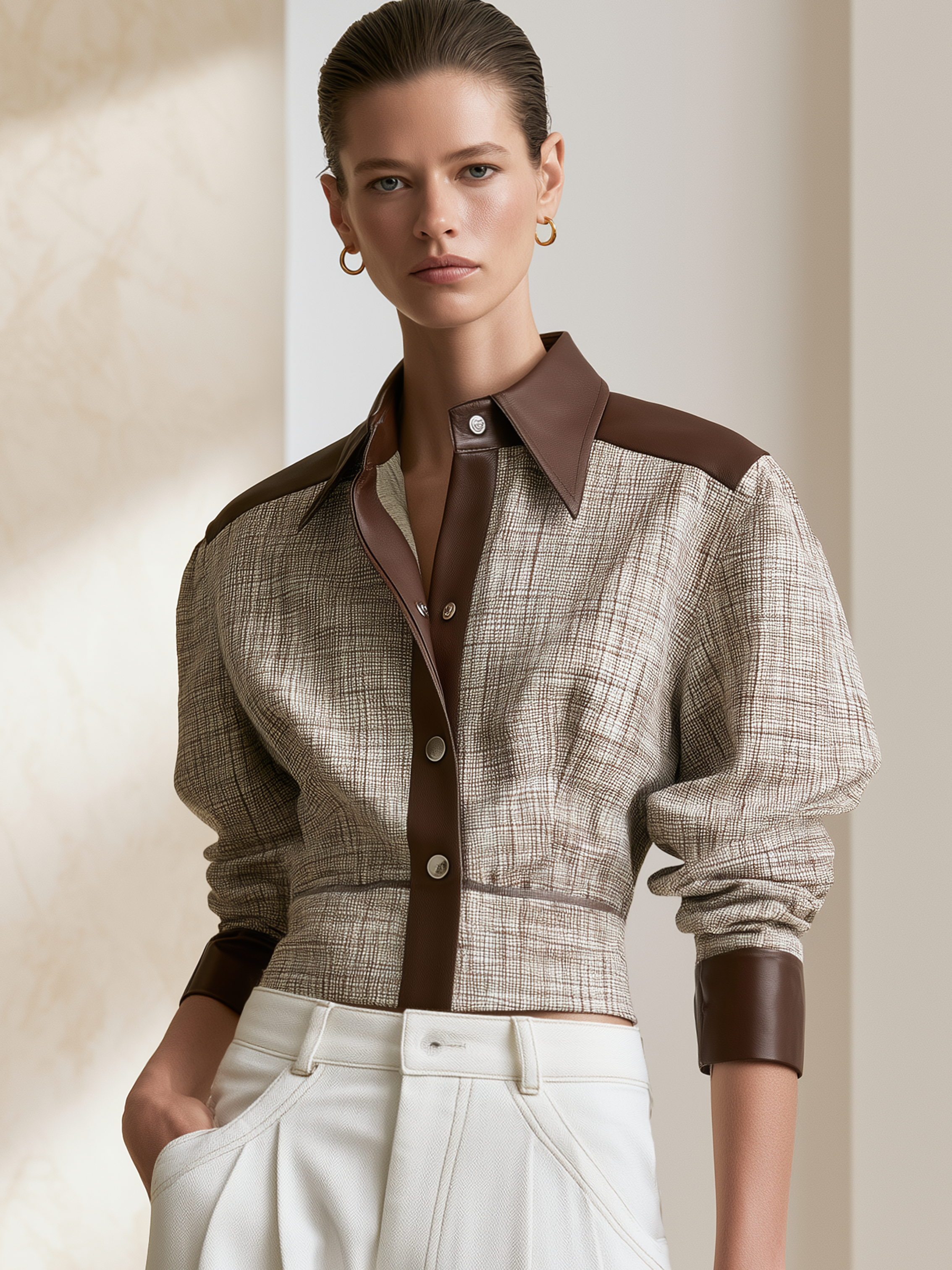 Coffee Faux‑Leather Contrast Woven Plaid Collar Cropped Jacket