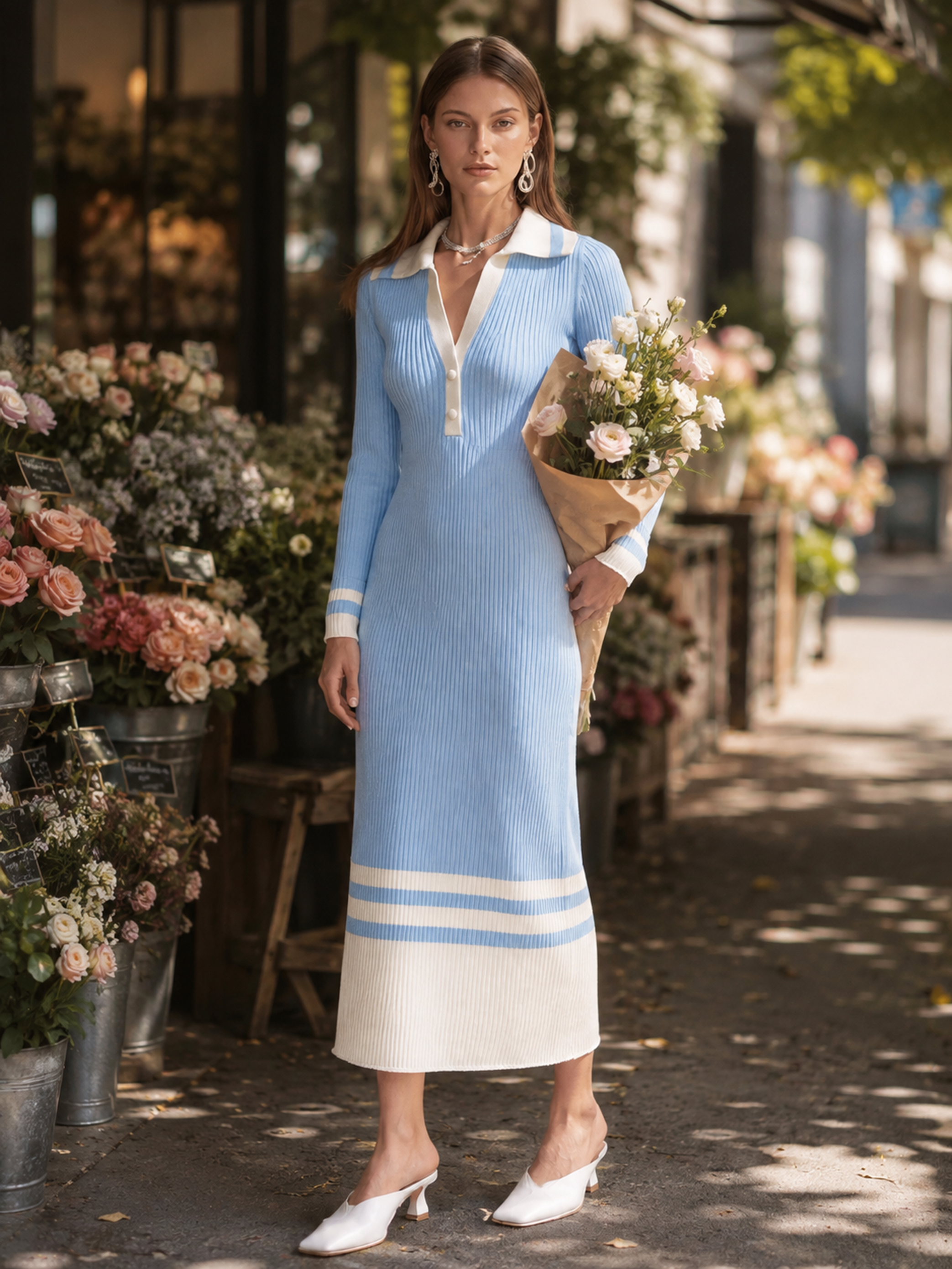 Elegant Light Blue & Ivory Contrast Stripe Knit Midi Dress