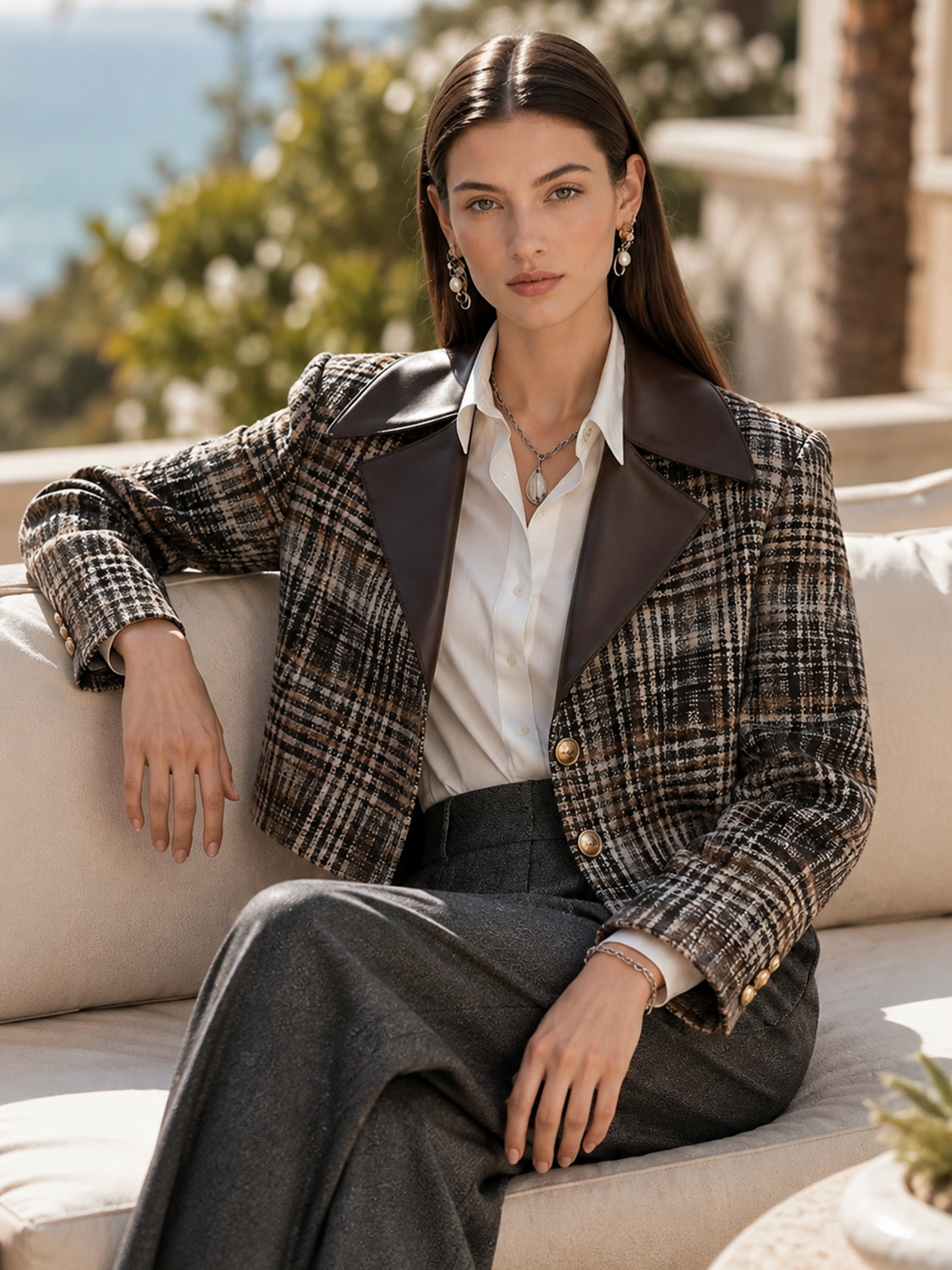 Elegant Ivory & Brown Contrast Leather-Trim Tweed Cropped Jacket