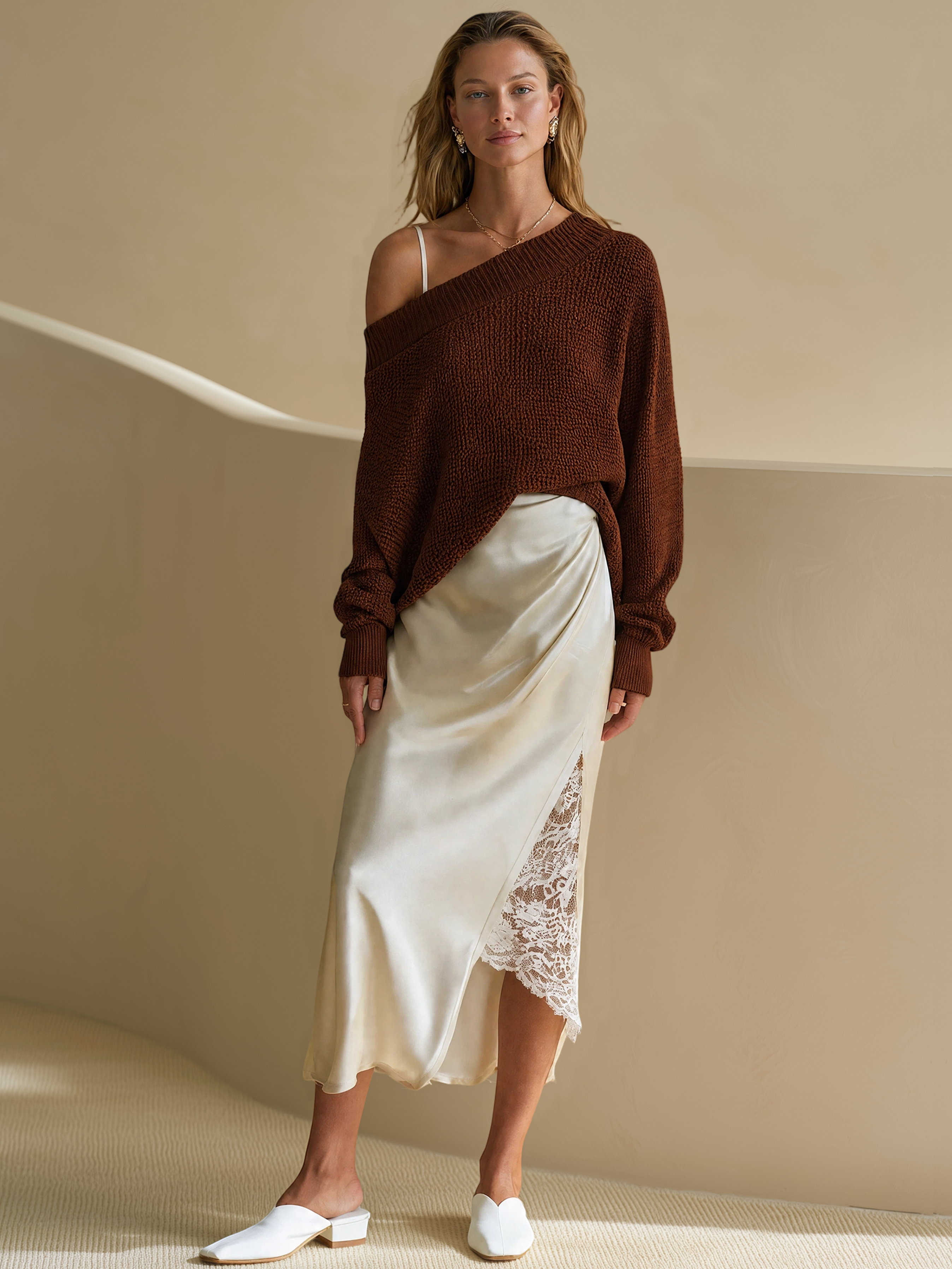 Elegant Ivory Lace Slip Dress & Brown Off-Shoulder Knit Top Set