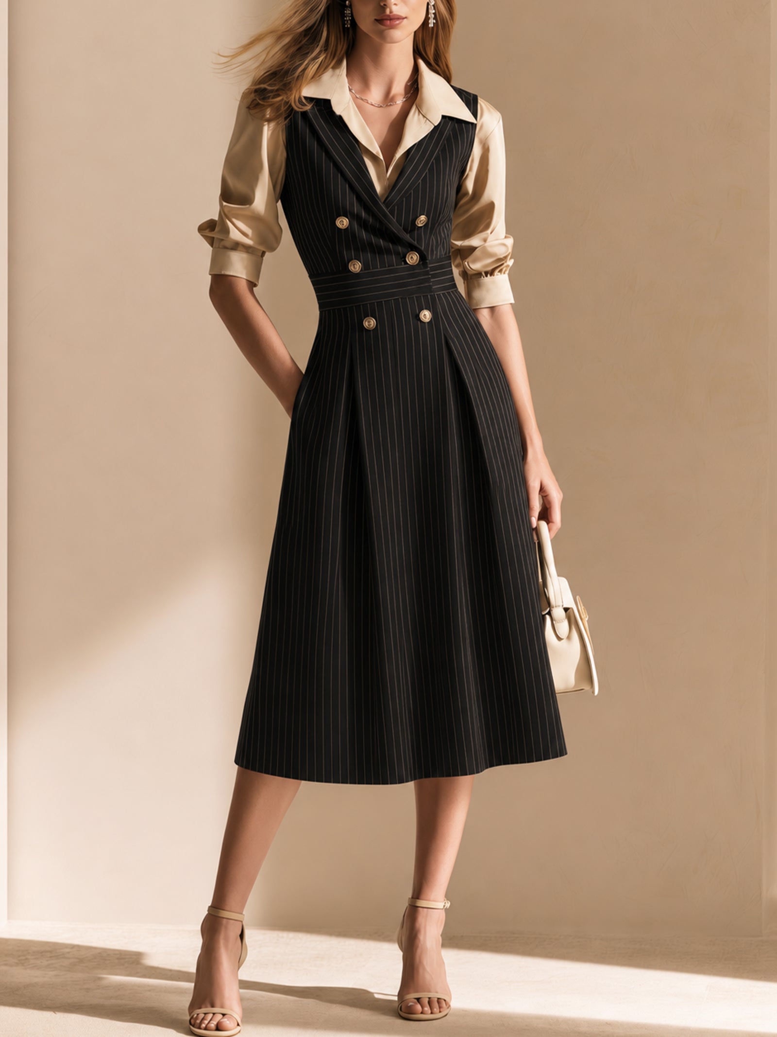Elegant Black Pinstriped Waistcoat Dress
