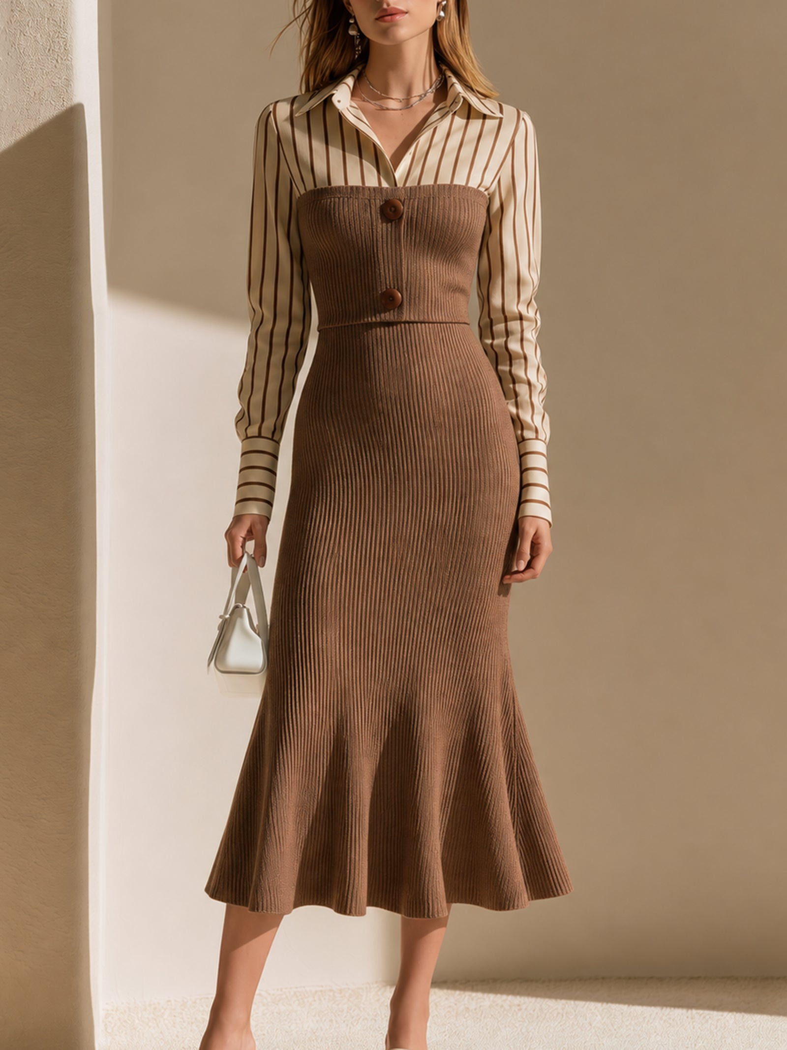 Elegant Brown Shirt-Collar Knitted Dress With Contrast Detailing