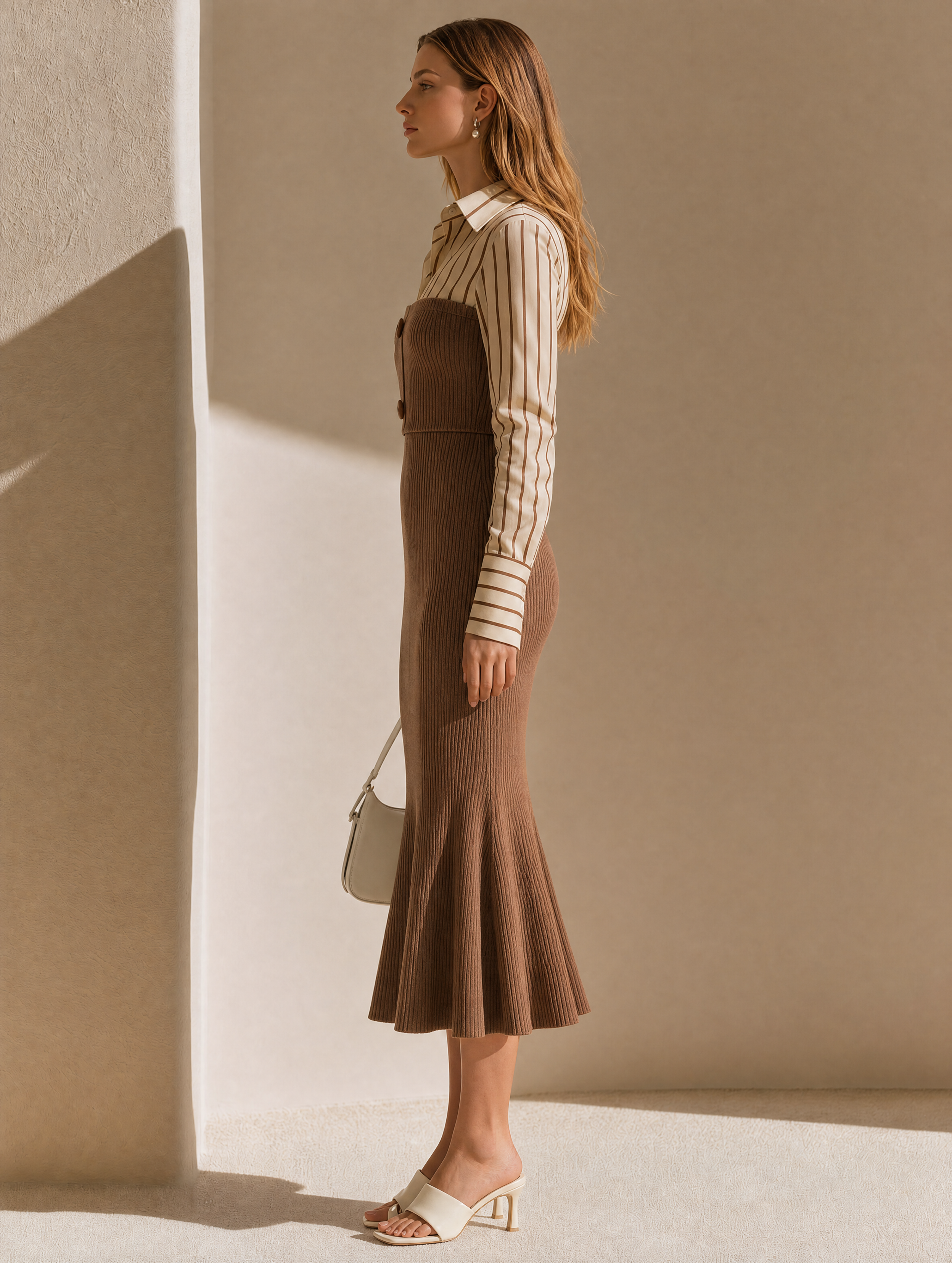 Elegant Brown Shirt-Collar Knitted Dress With Contrast Detailing