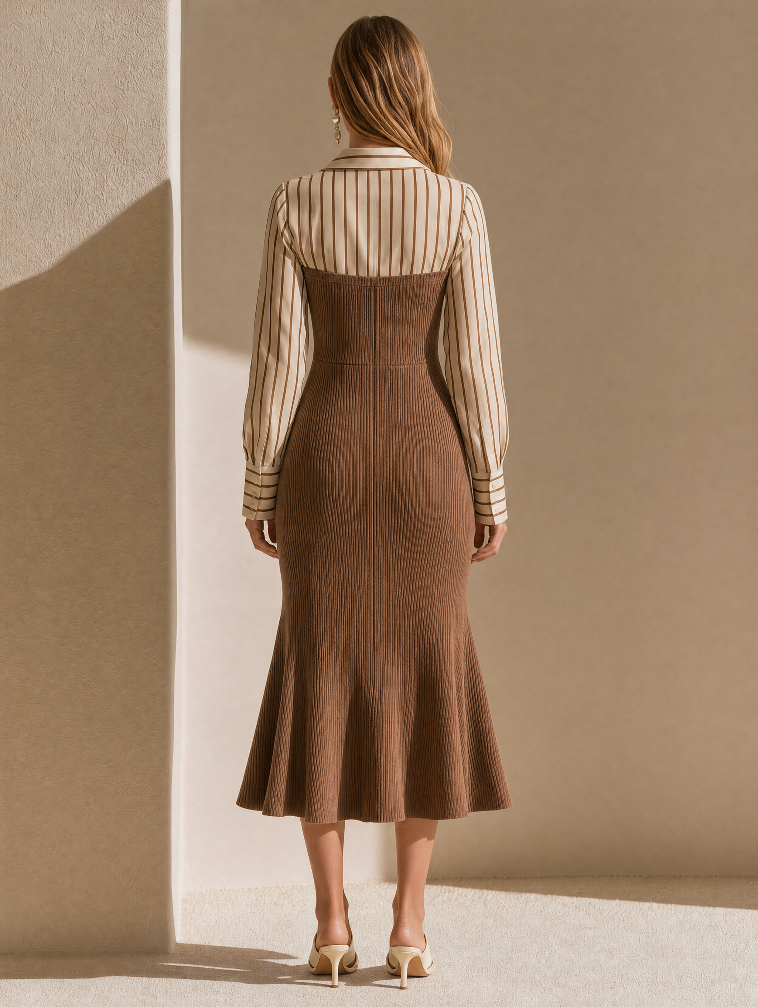Elegant Brown Shirt-Collar Knitted Dress With Contrast Detailing
